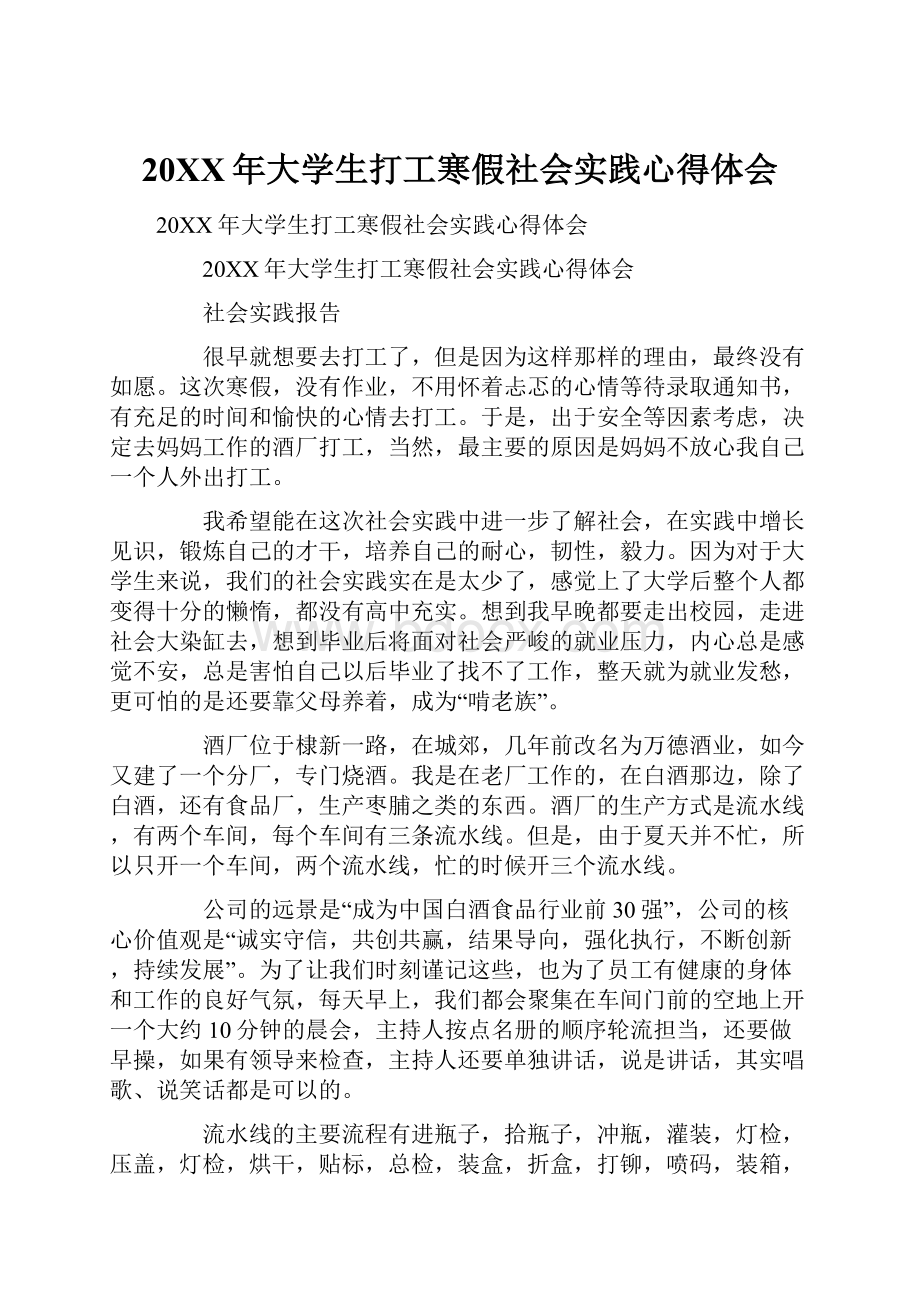 20XX年大学生打工寒假社会实践心得体会.docx_第1页