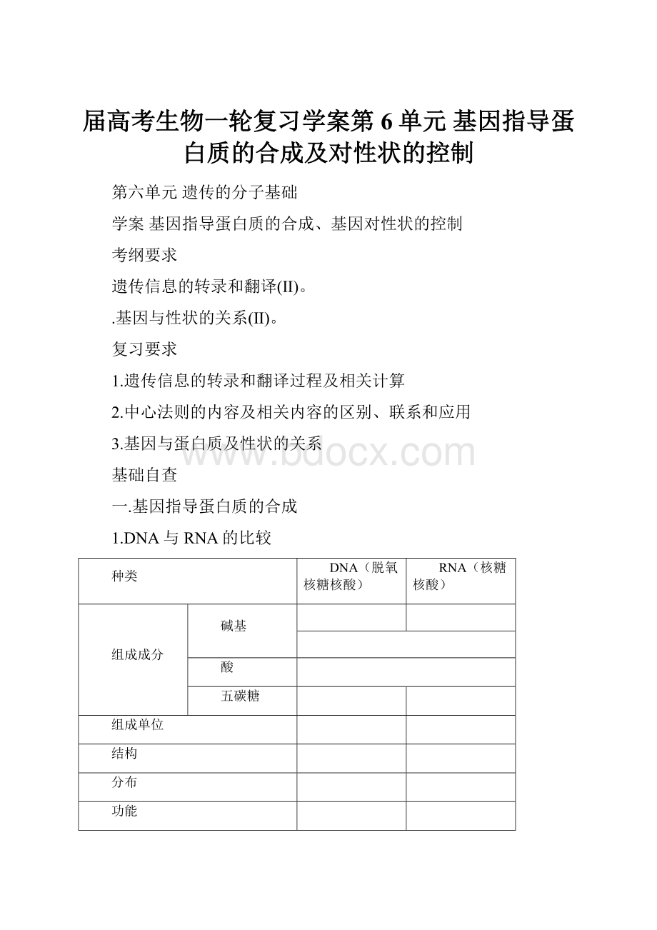 届高考生物一轮复习学案第6单元 基因指导蛋白质的合成及对性状的控制.docx