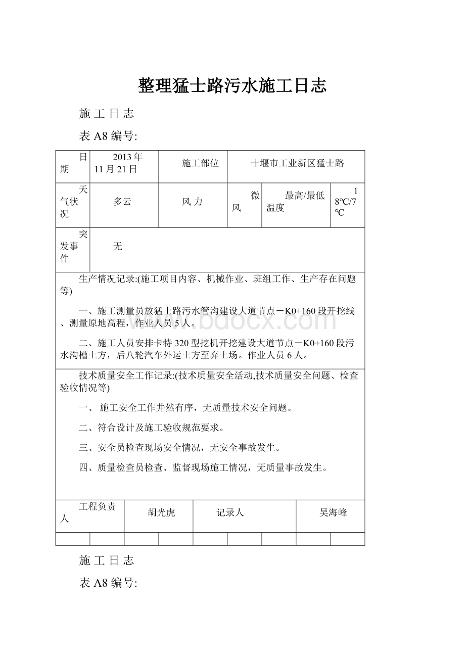 整理猛士路污水施工日志.docx_第1页