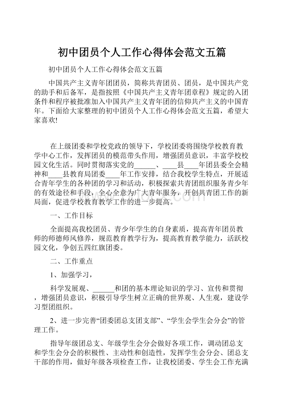 初中团员个人工作心得体会范文五篇.docx