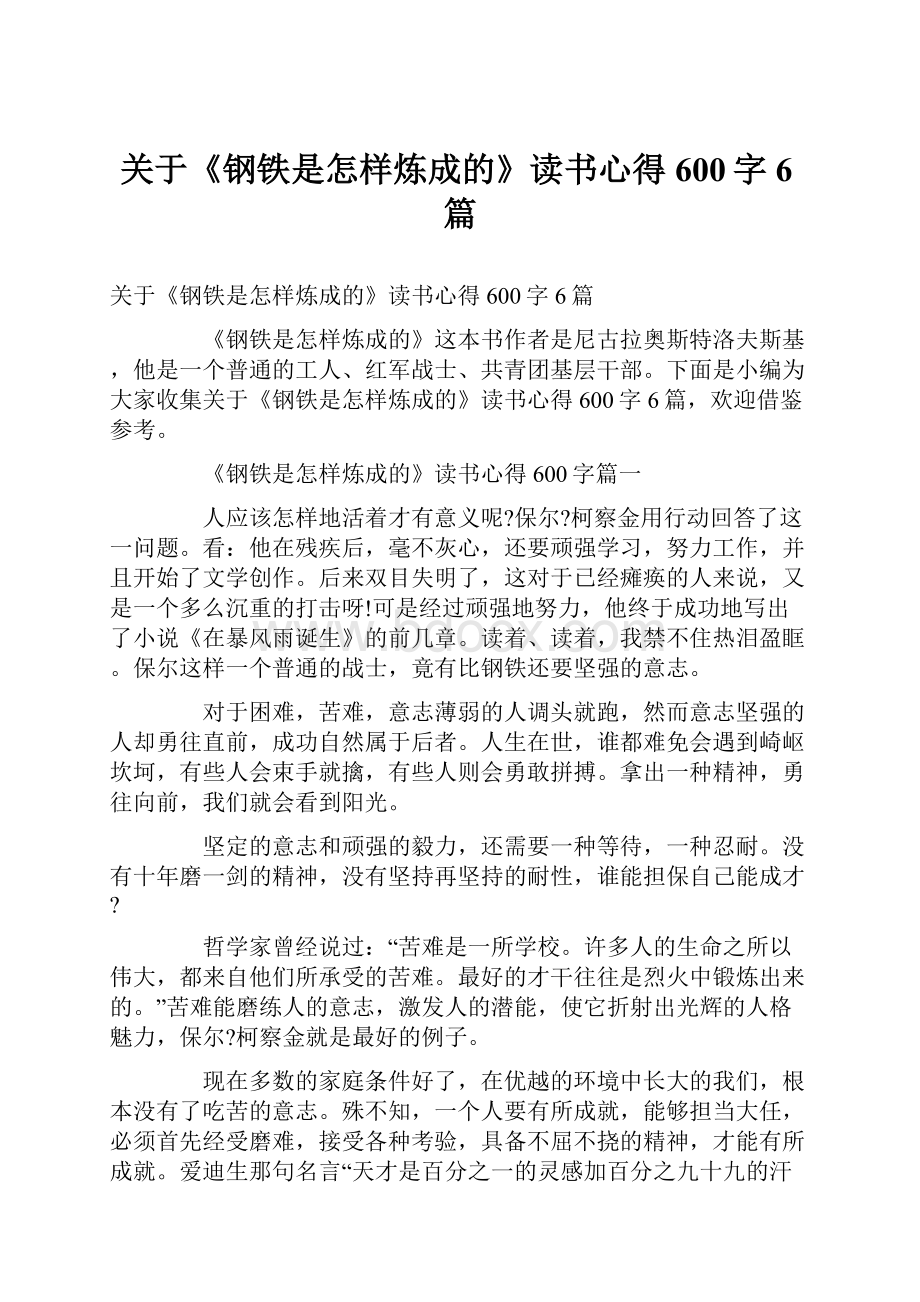 关于《钢铁是怎样炼成的》读书心得600字6篇.docx