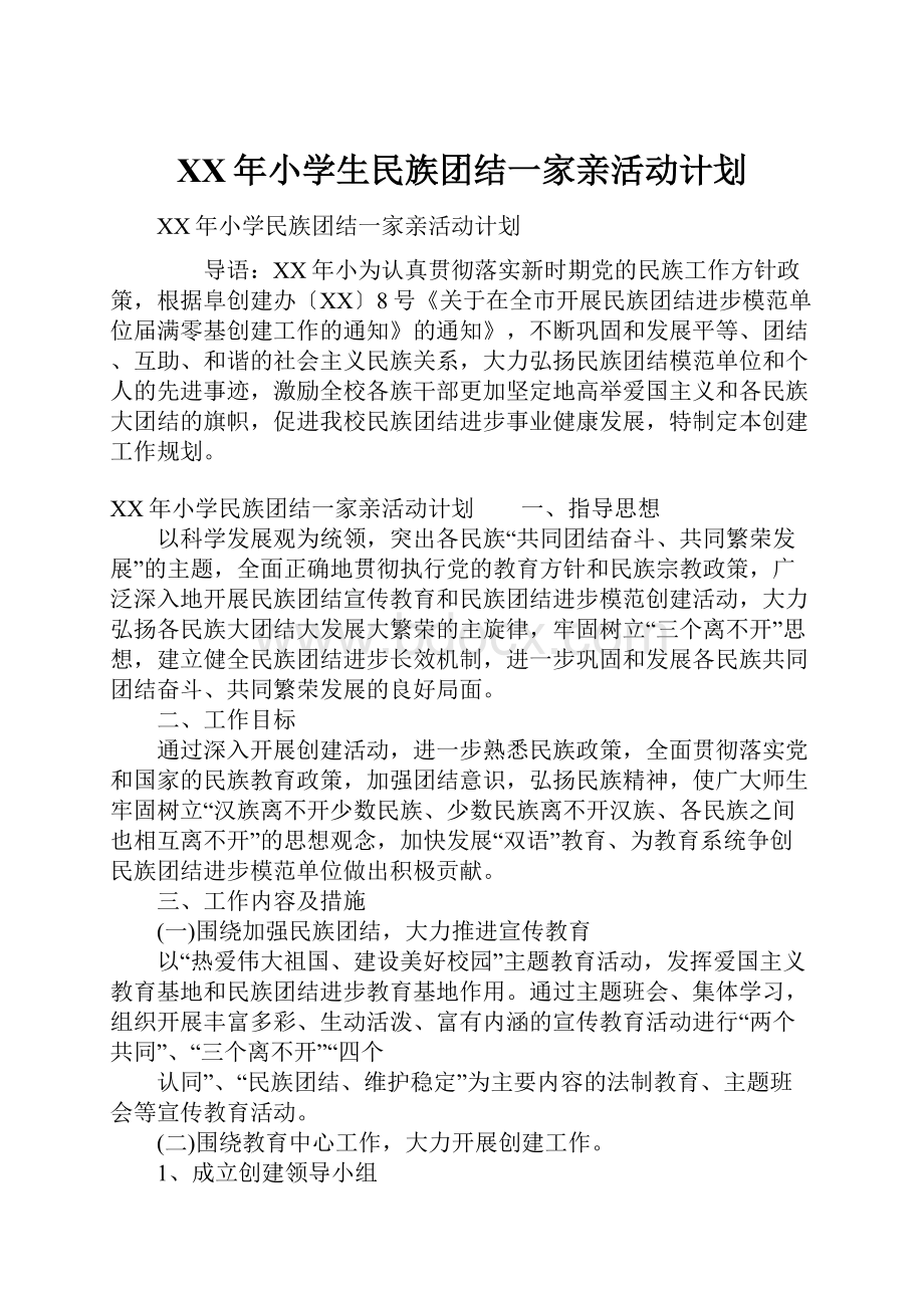 XX年小学生民族团结一家亲活动计划.docx