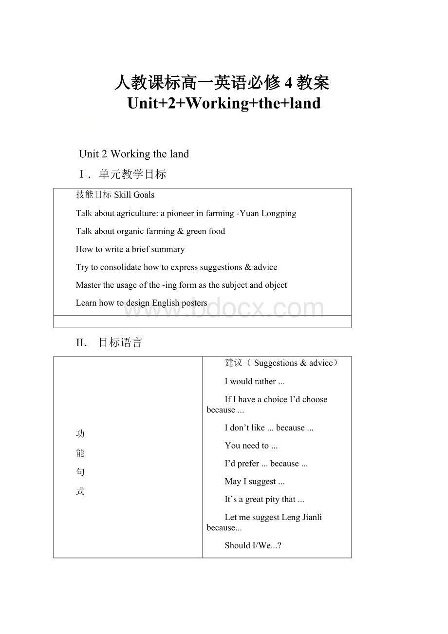 人教课标高一英语必修4教案Unit+2+Working+the+land.docx_第1页