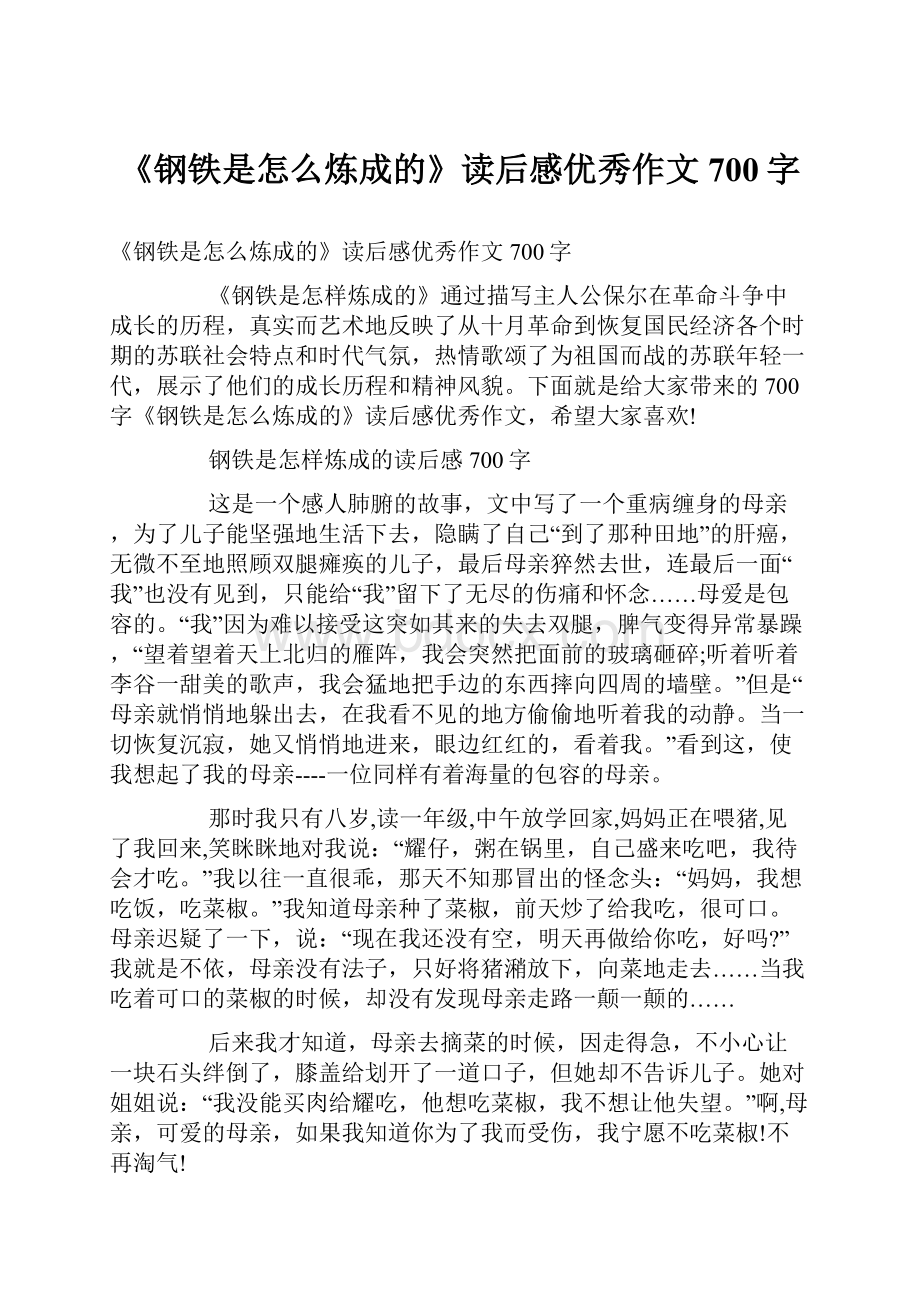 《钢铁是怎么炼成的》读后感优秀作文700字.docx