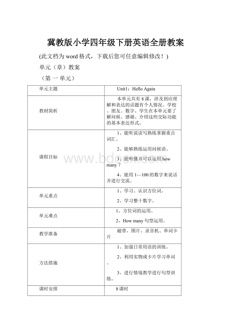 冀教版小学四年级下册英语全册教案.docx