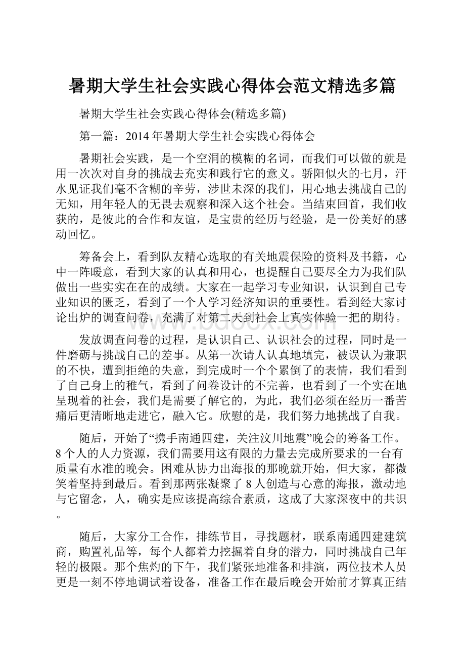 暑期大学生社会实践心得体会范文精选多篇.docx