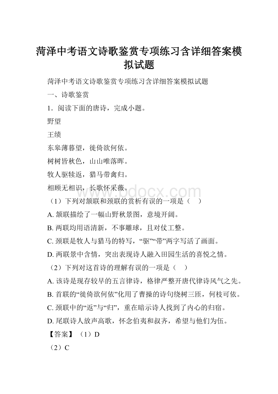 菏泽中考语文诗歌鉴赏专项练习含详细答案模拟试题.docx_第1页