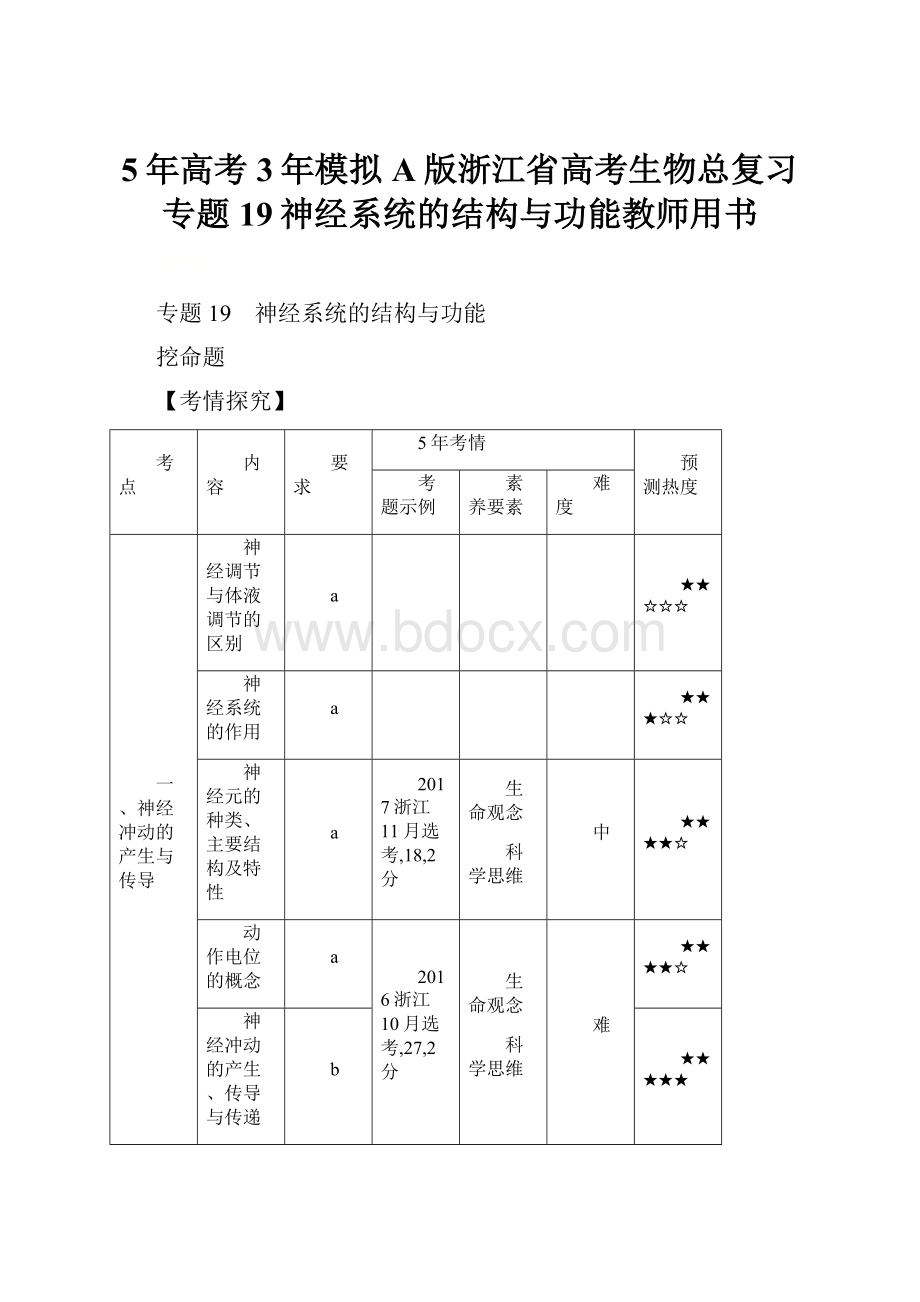 5年高考3年模拟A版浙江省高考生物总复习专题19神经系统的结构与功能教师用书.docx