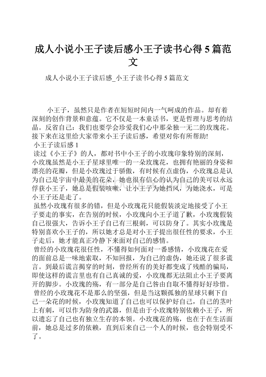 成人小说小王子读后感小王子读书心得5篇范文.docx_第1页