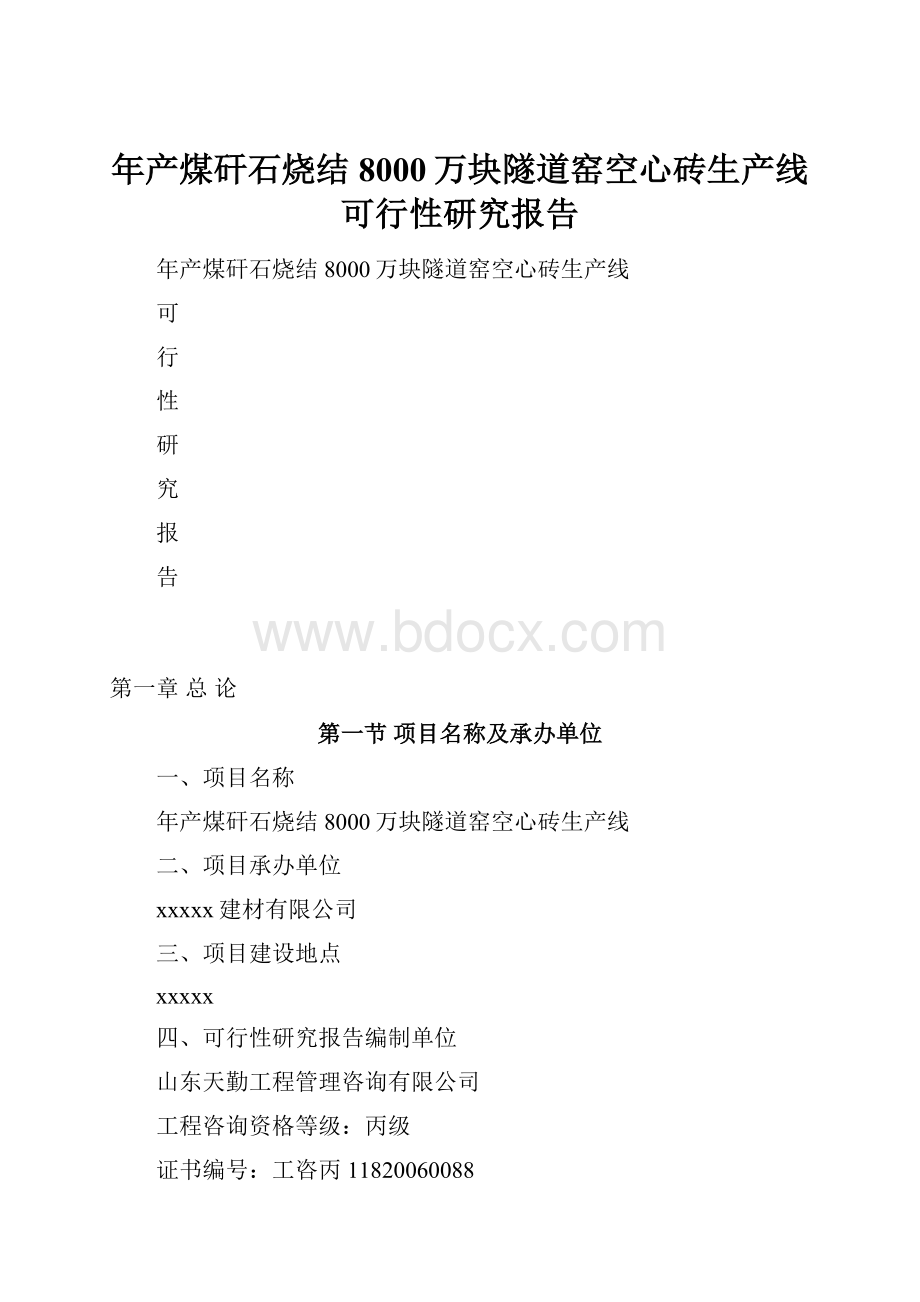 年产煤矸石烧结8000万块隧道窑空心砖生产线可行性研究报告.docx