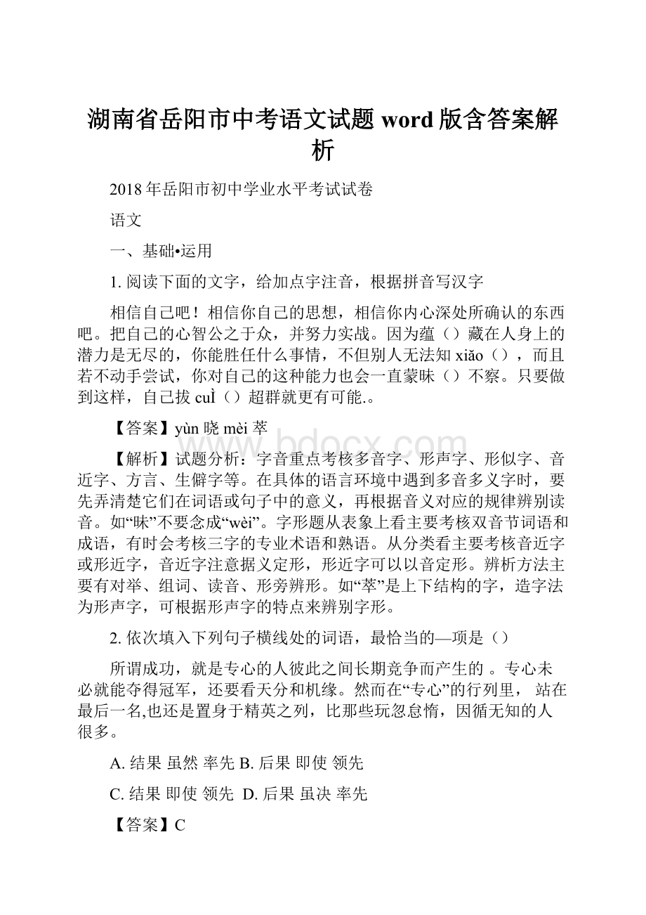 湖南省岳阳市中考语文试题word版含答案解析.docx