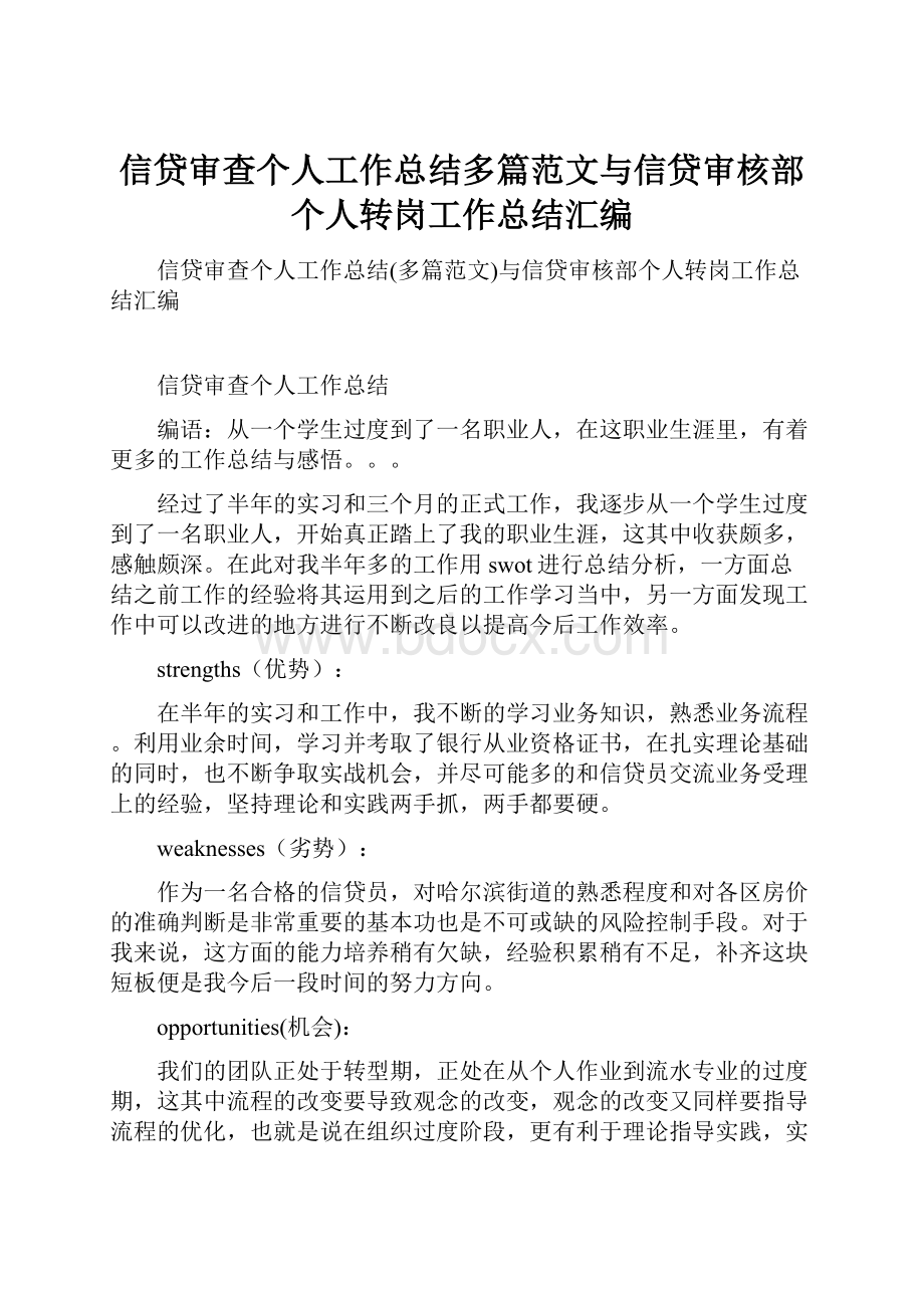 信贷审查个人工作总结多篇范文与信贷审核部个人转岗工作总结汇编.docx