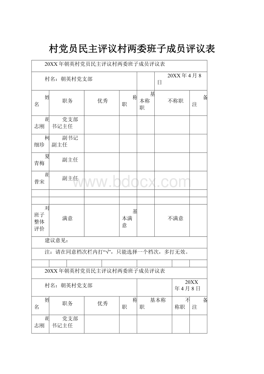 村党员民主评议村两委班子成员评议表.docx