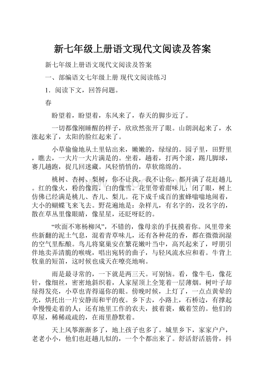 新七年级上册语文现代文阅读及答案.docx