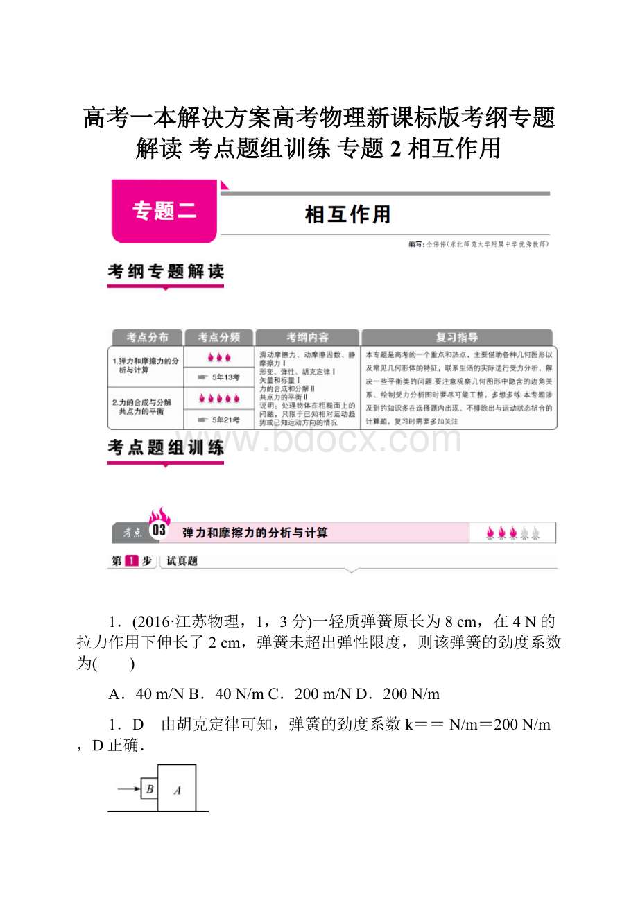 高考一本解决方案高考物理新课标版考纲专题解读 考点题组训练 专题2相互作用.docx_第1页