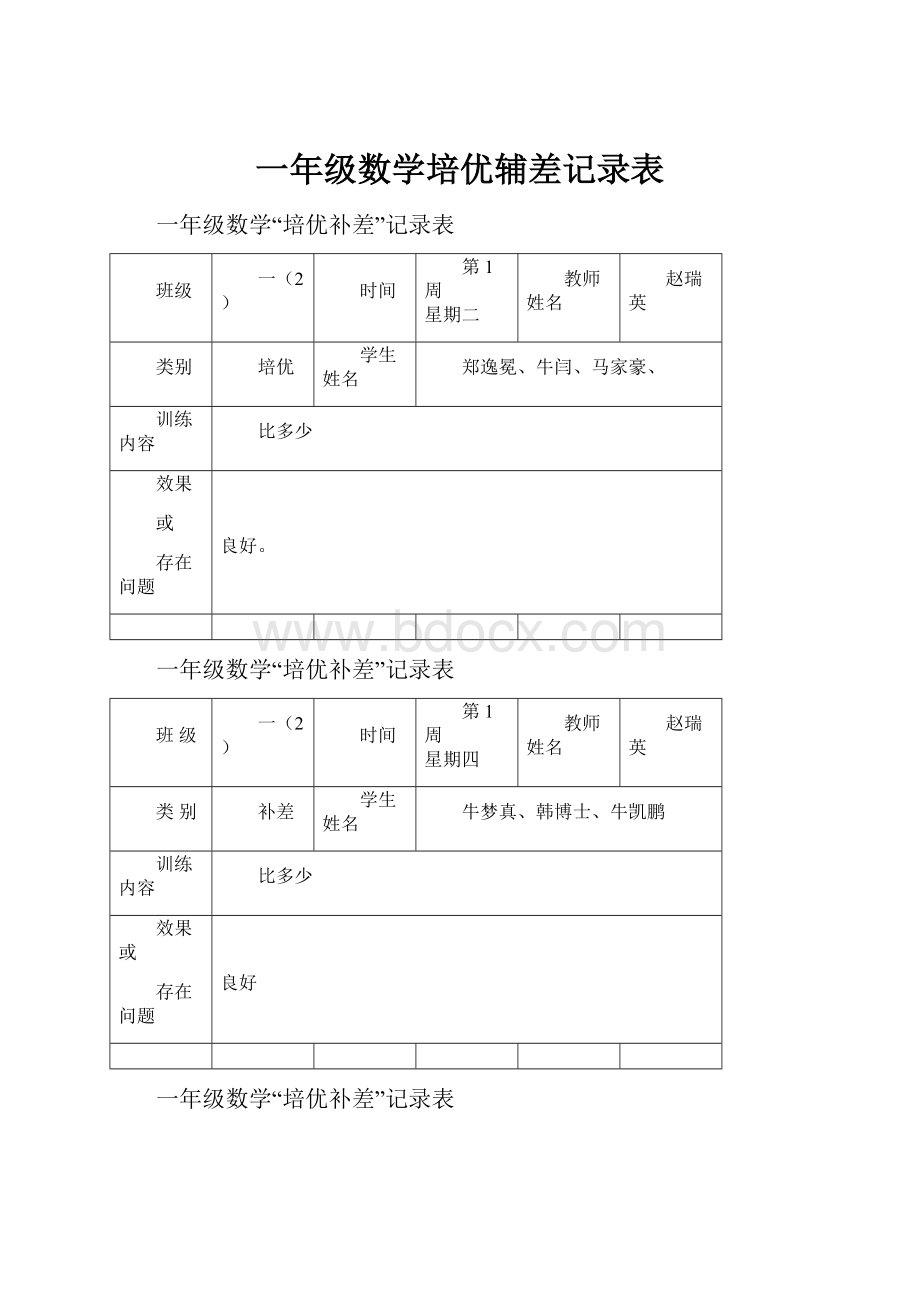 一年级数学培优辅差记录表.docx