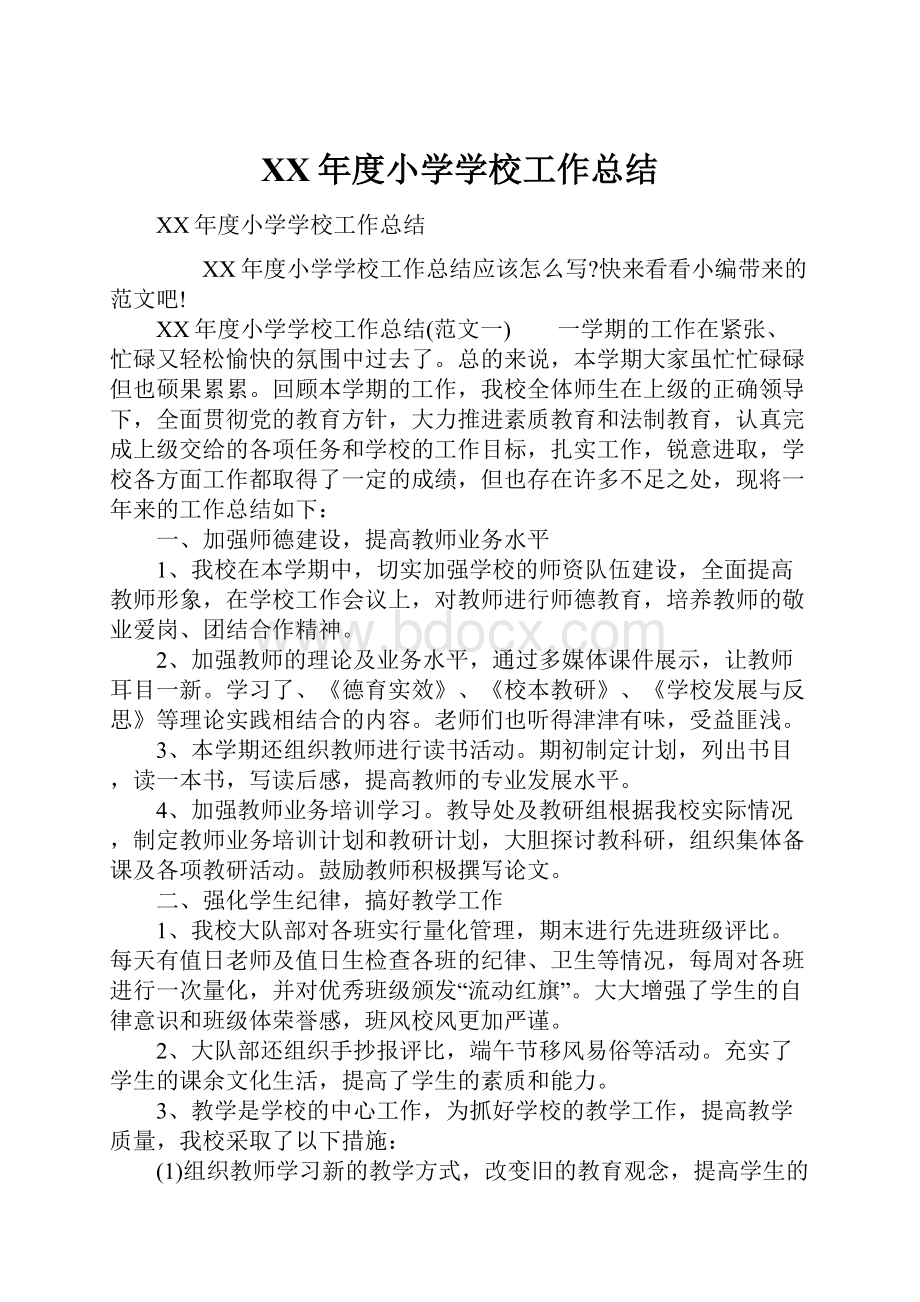 XX年度小学学校工作总结.docx