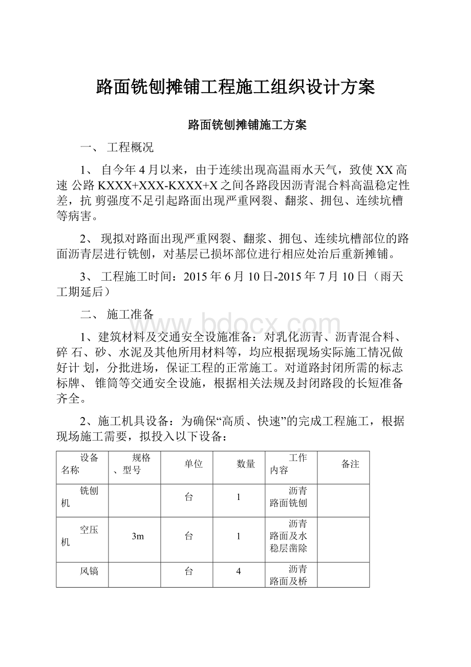 路面铣刨摊铺工程施工组织设计方案.docx