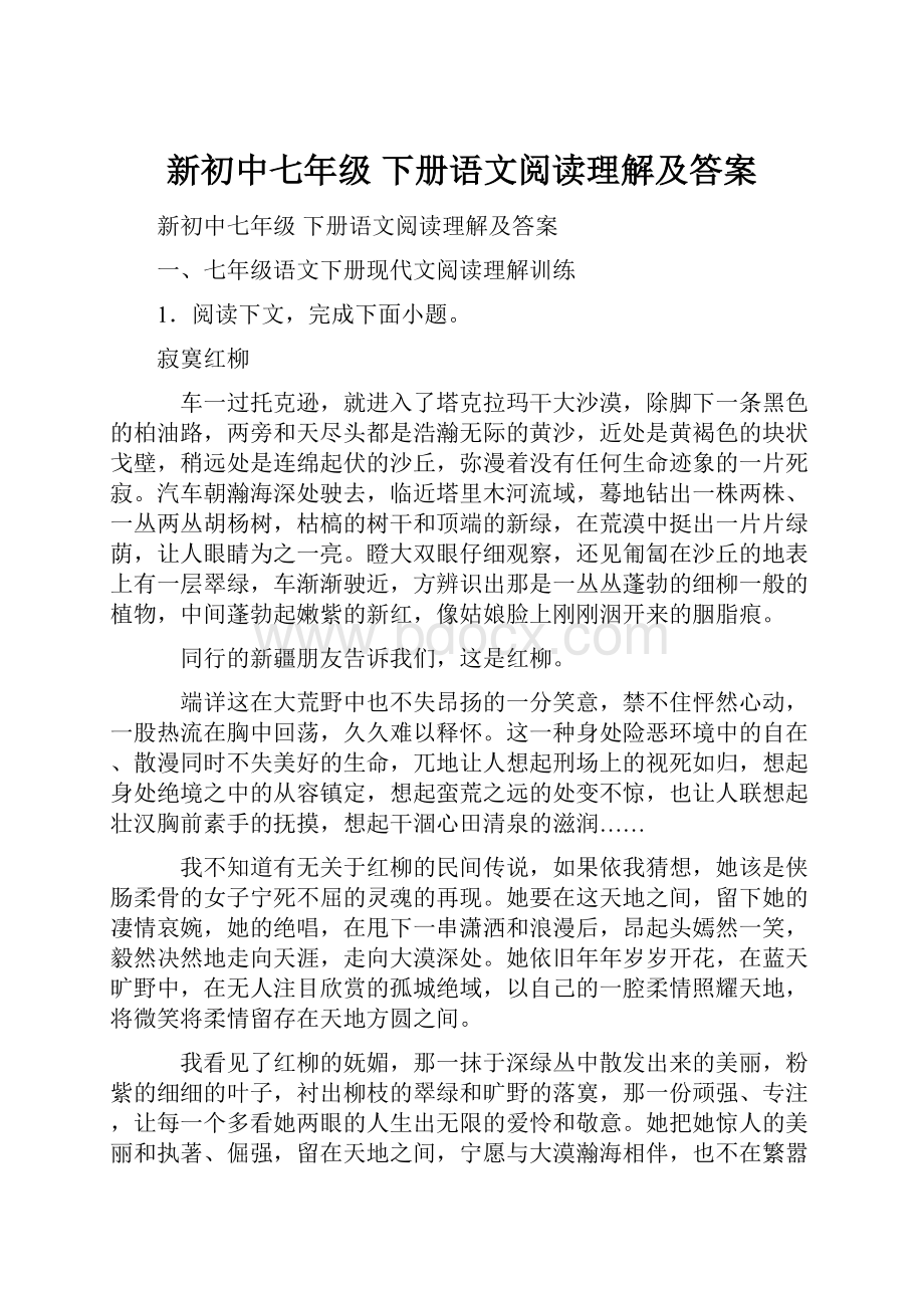 新初中七年级 下册语文阅读理解及答案.docx