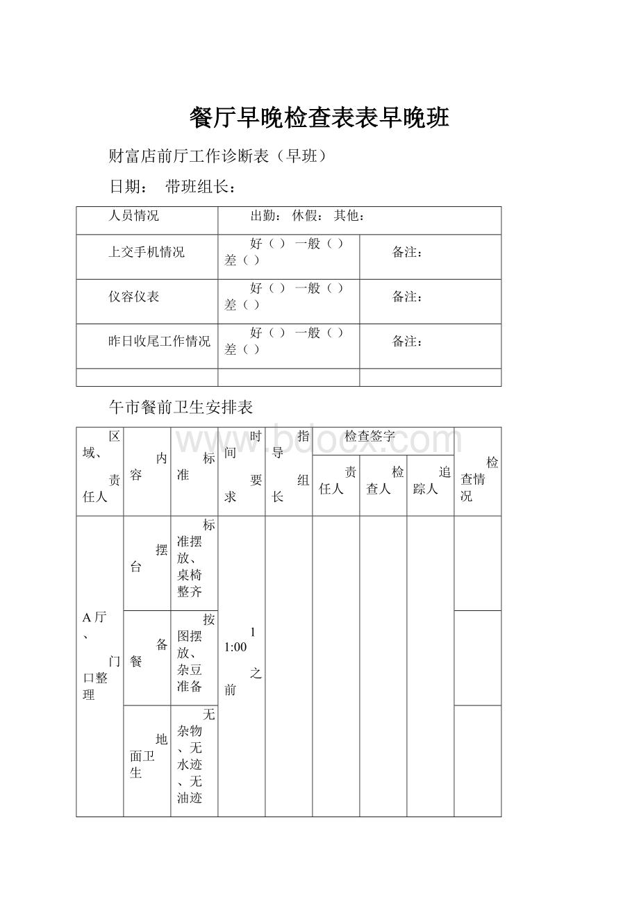 餐厅早晚检查表表早晚班.docx_第1页