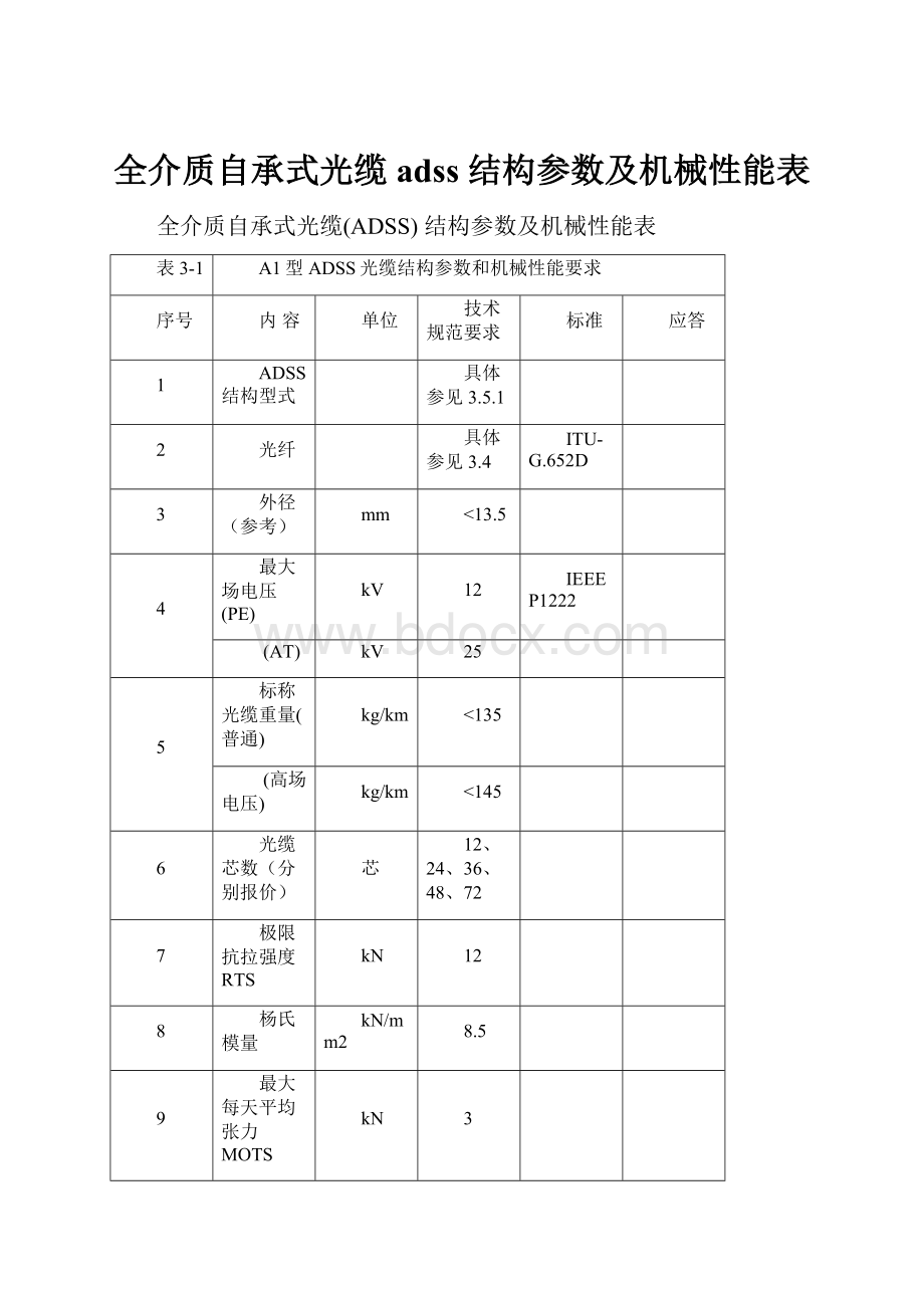 全介质自承式光缆adss 结构参数及机械性能表.docx