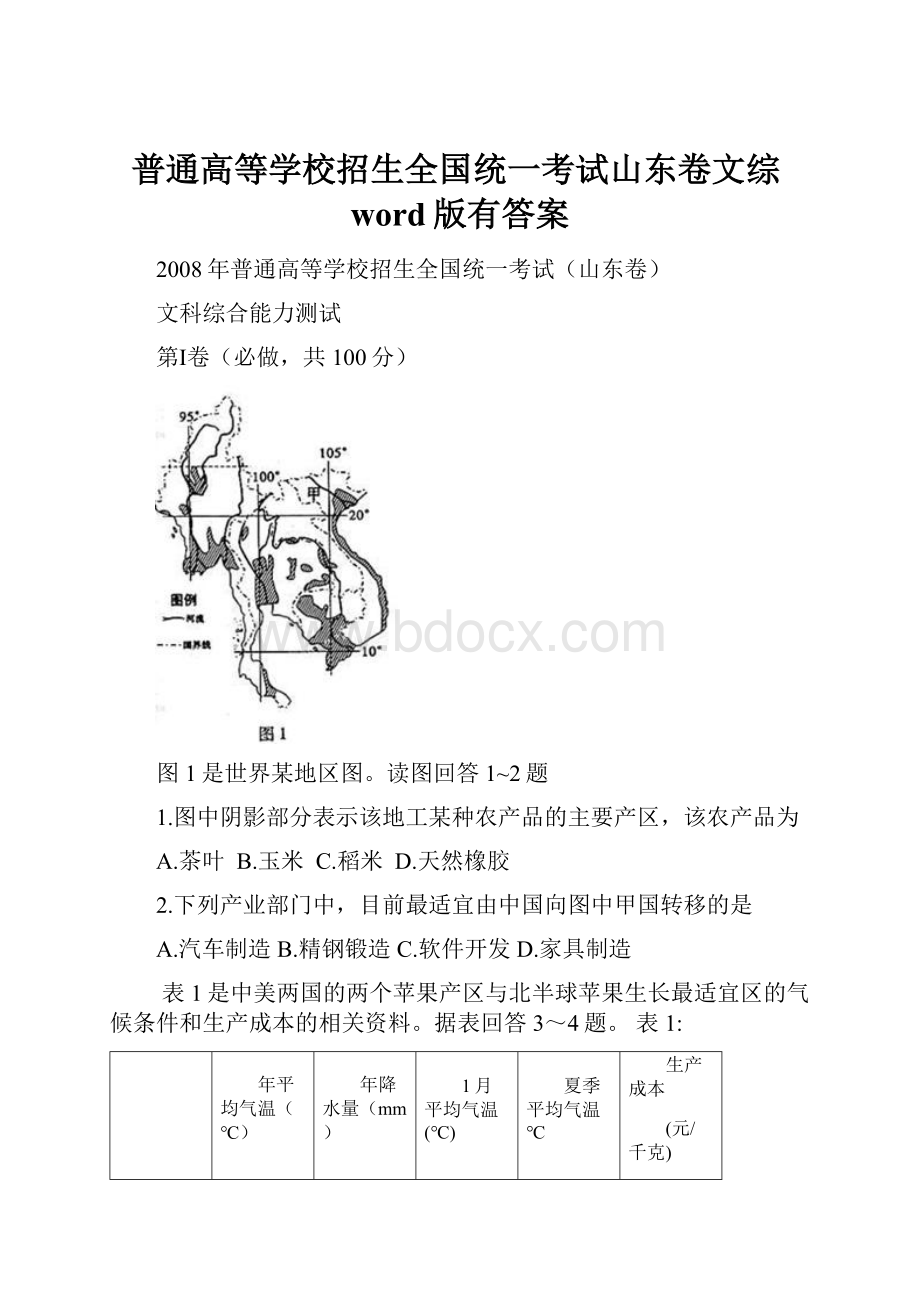 普通高等学校招生全国统一考试山东卷文综word版有答案.docx