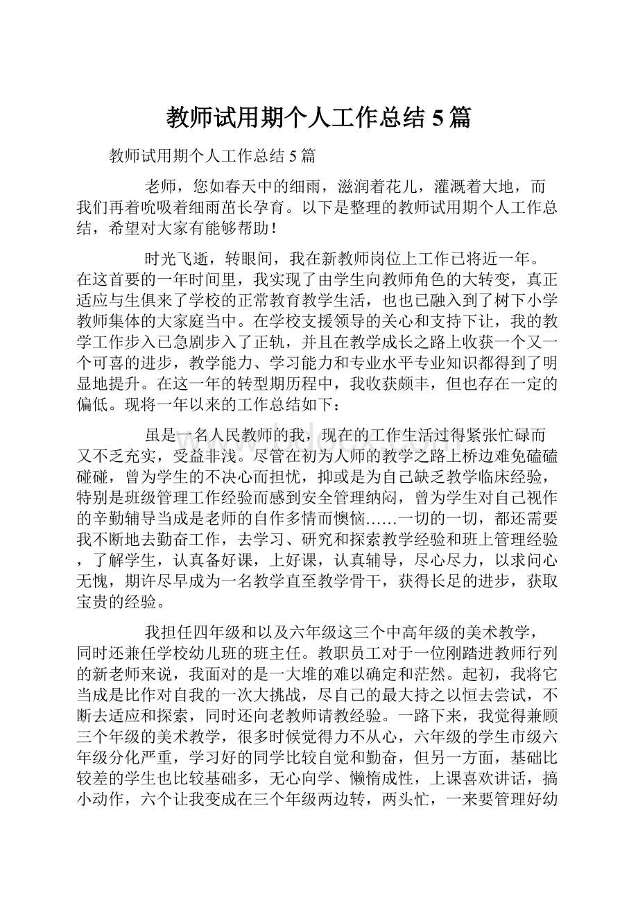 教师试用期个人工作总结5篇.docx_第1页