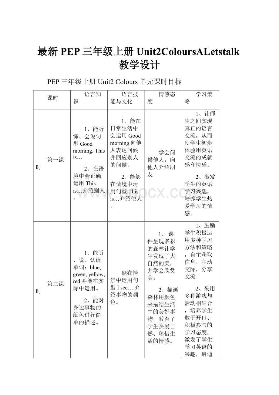 最新PEP三年级上册Unit2ColoursALetstalk教学设计.docx