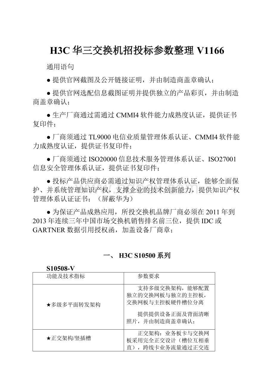 H3C华三交换机招投标参数整理V1166.docx