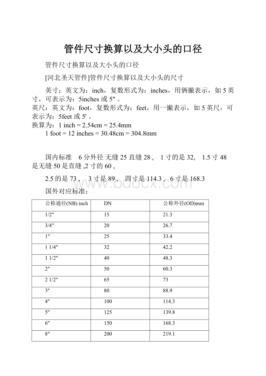 管件尺寸换算以及大小头的口径.docx