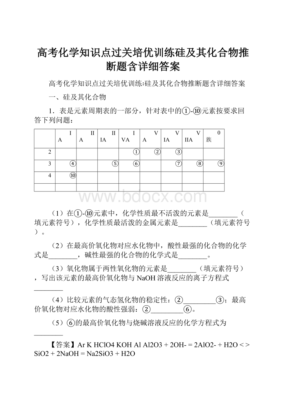 高考化学知识点过关培优训练硅及其化合物推断题含详细答案.docx