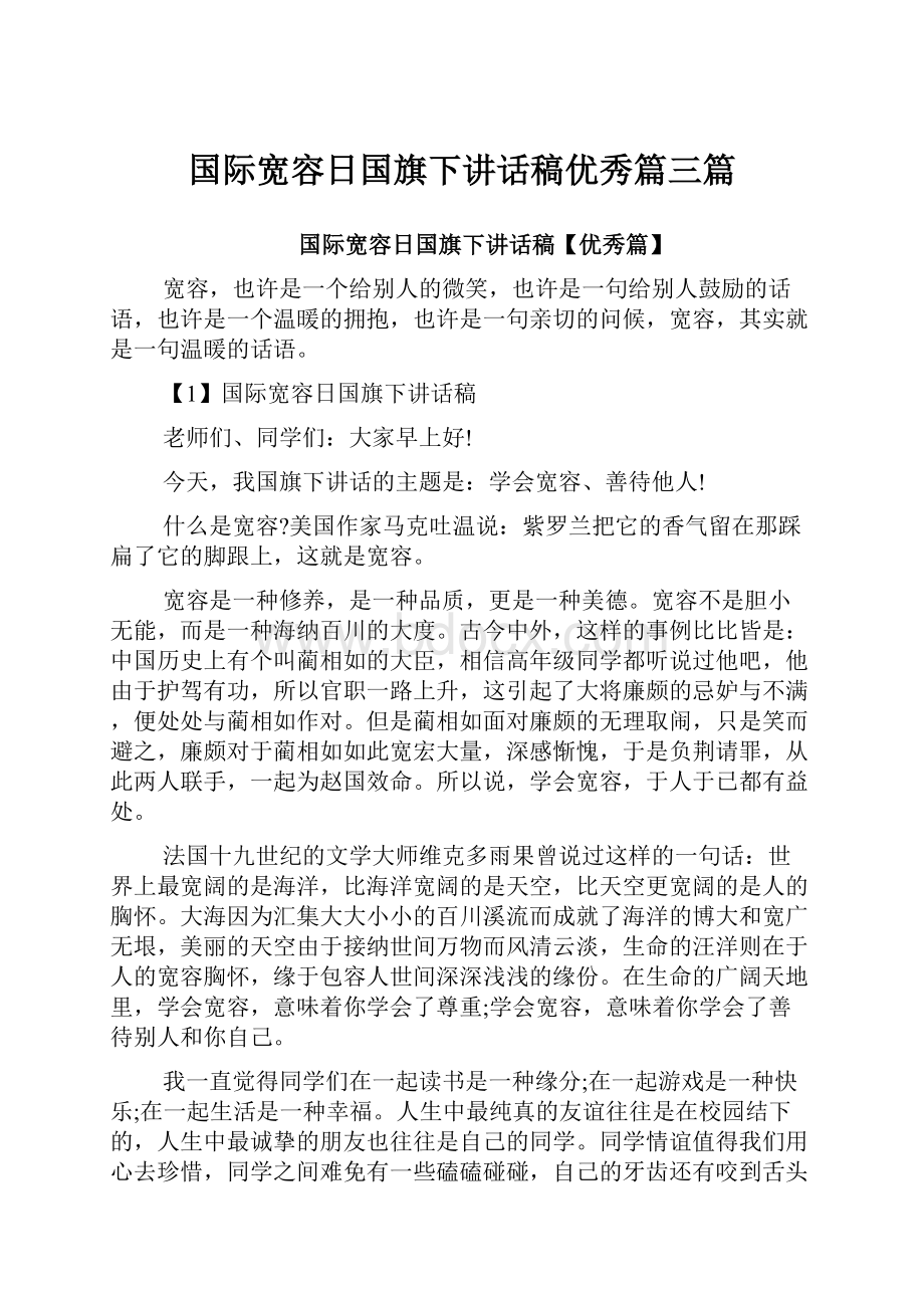 国际宽容日国旗下讲话稿优秀篇三篇.docx_第1页