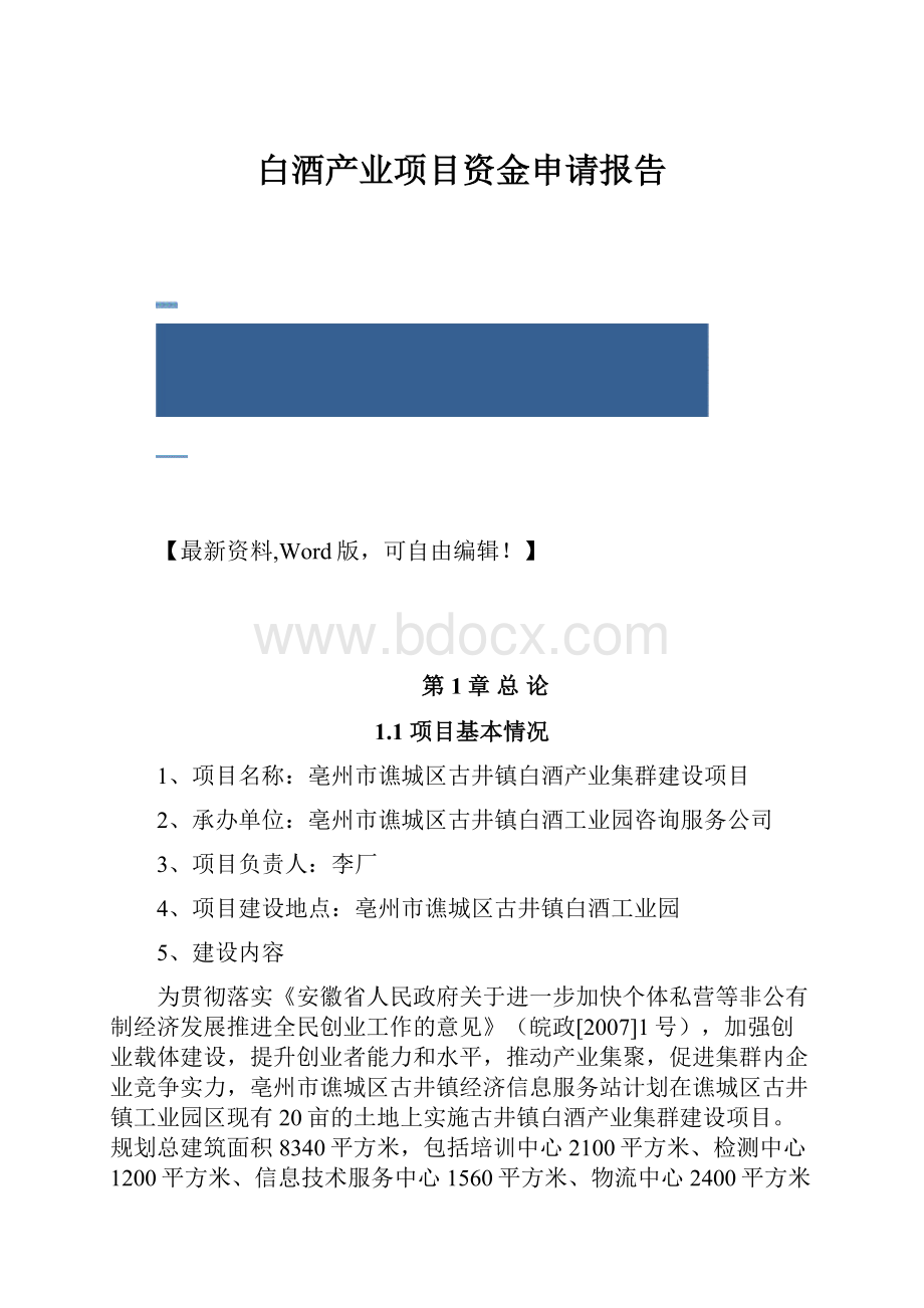 白酒产业项目资金申请报告.docx_第1页