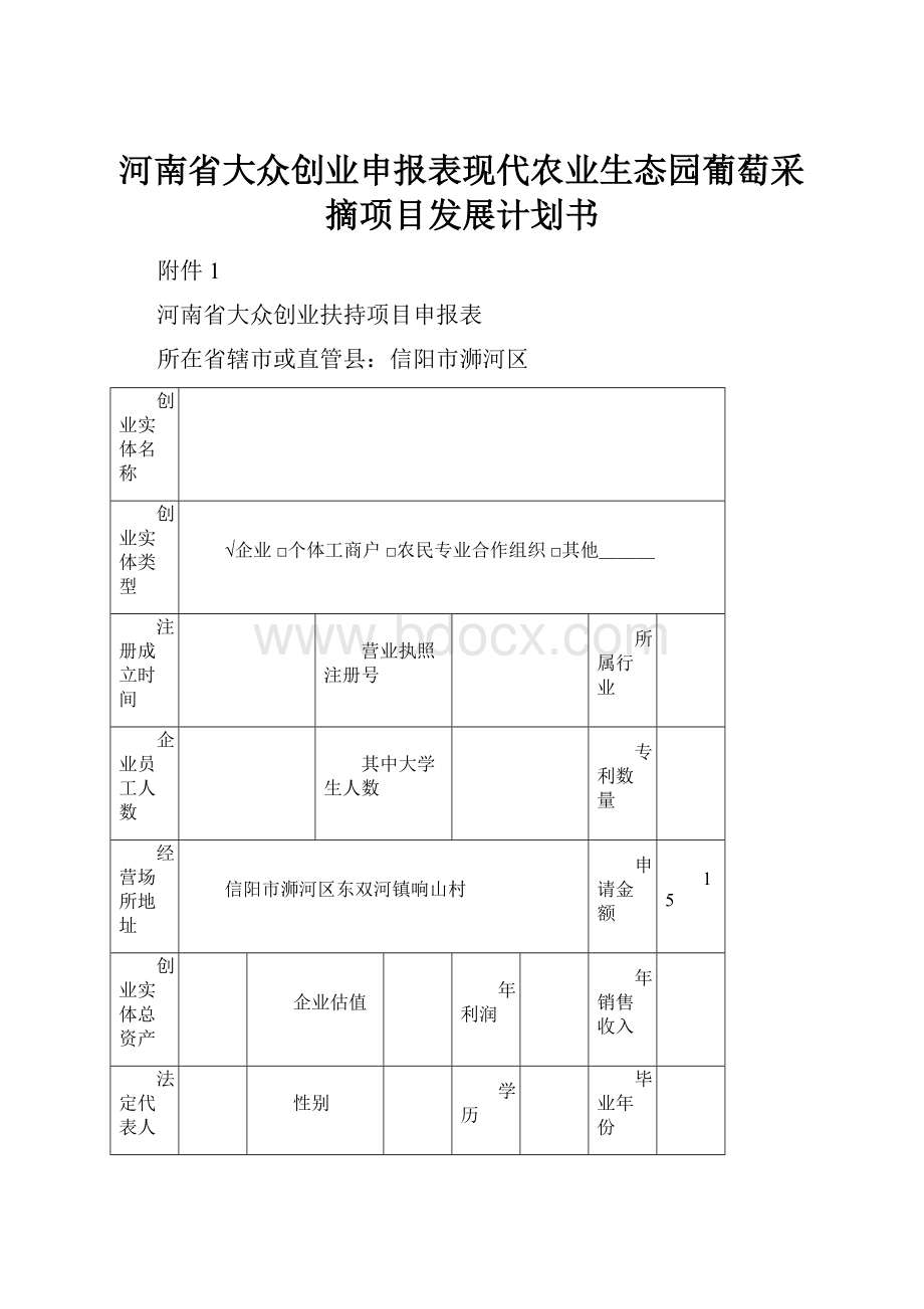 河南省大众创业申报表现代农业生态园葡萄采摘项目发展计划书.docx