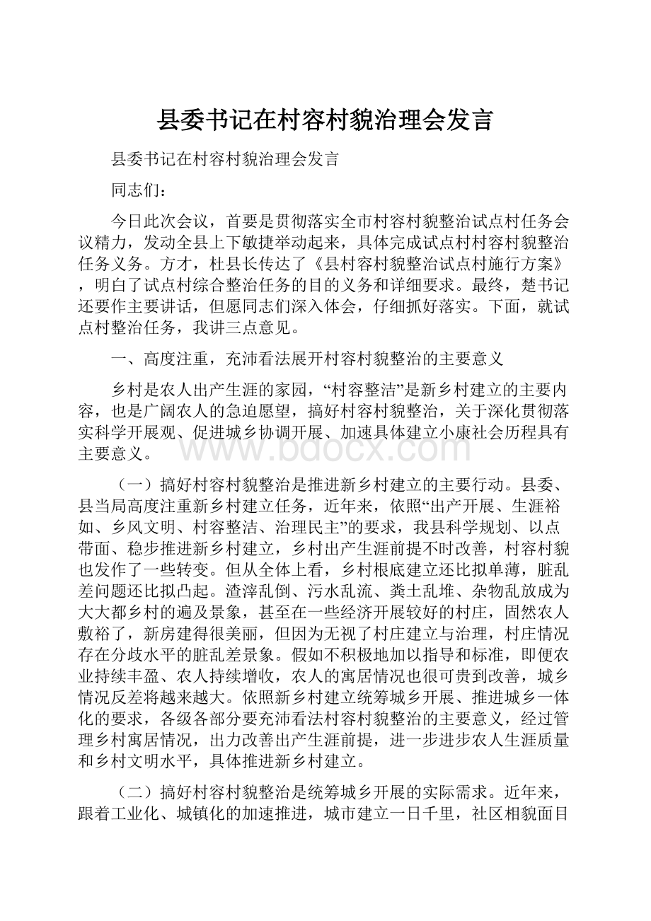 县委书记在村容村貌治理会发言.docx_第1页