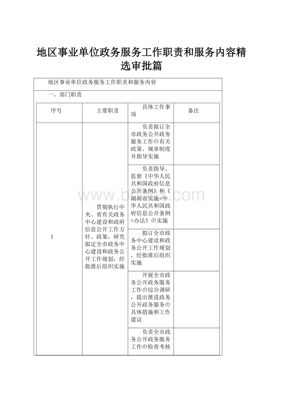 地区事业单位政务服务工作职责和服务内容精选审批篇.docx