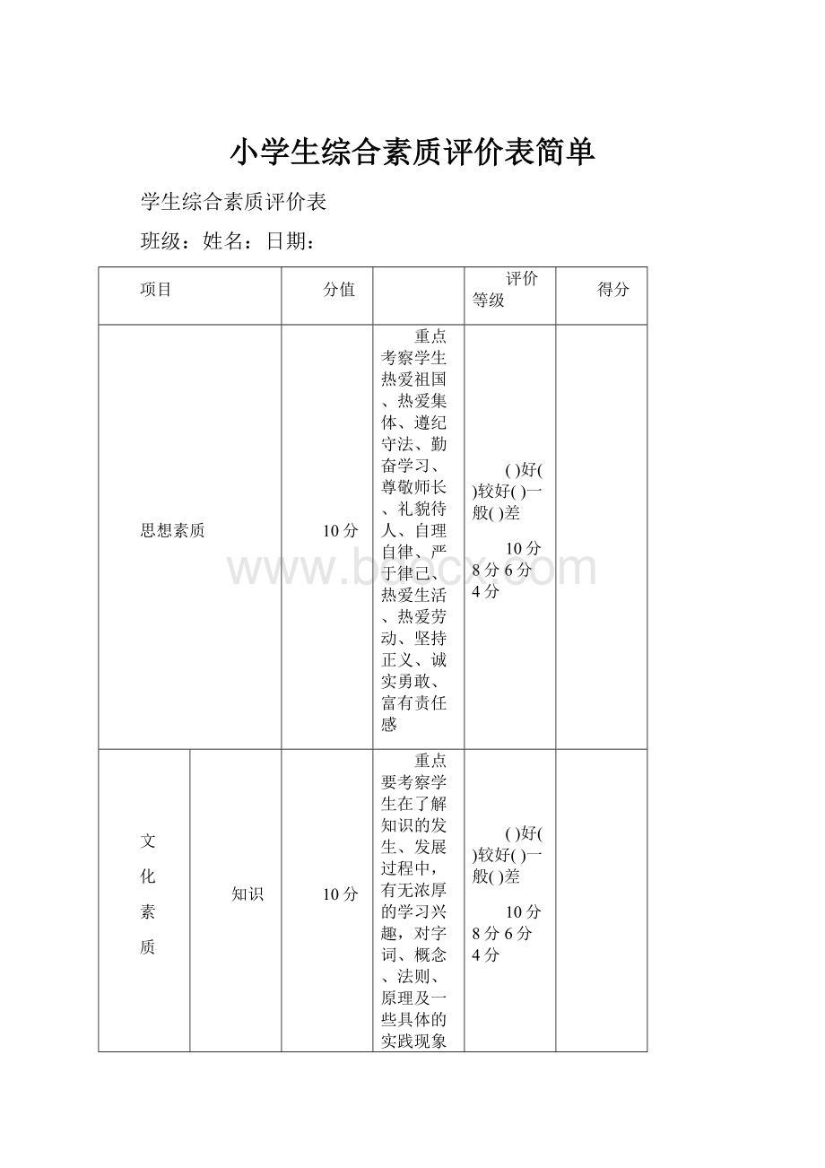 小学生综合素质评价表简单.docx