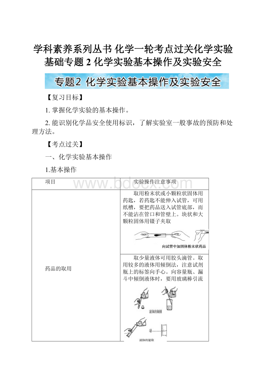 学科素养系列丛书 化学一轮考点过关化学实验基础专题2 化学实验基本操作及实验安全.docx