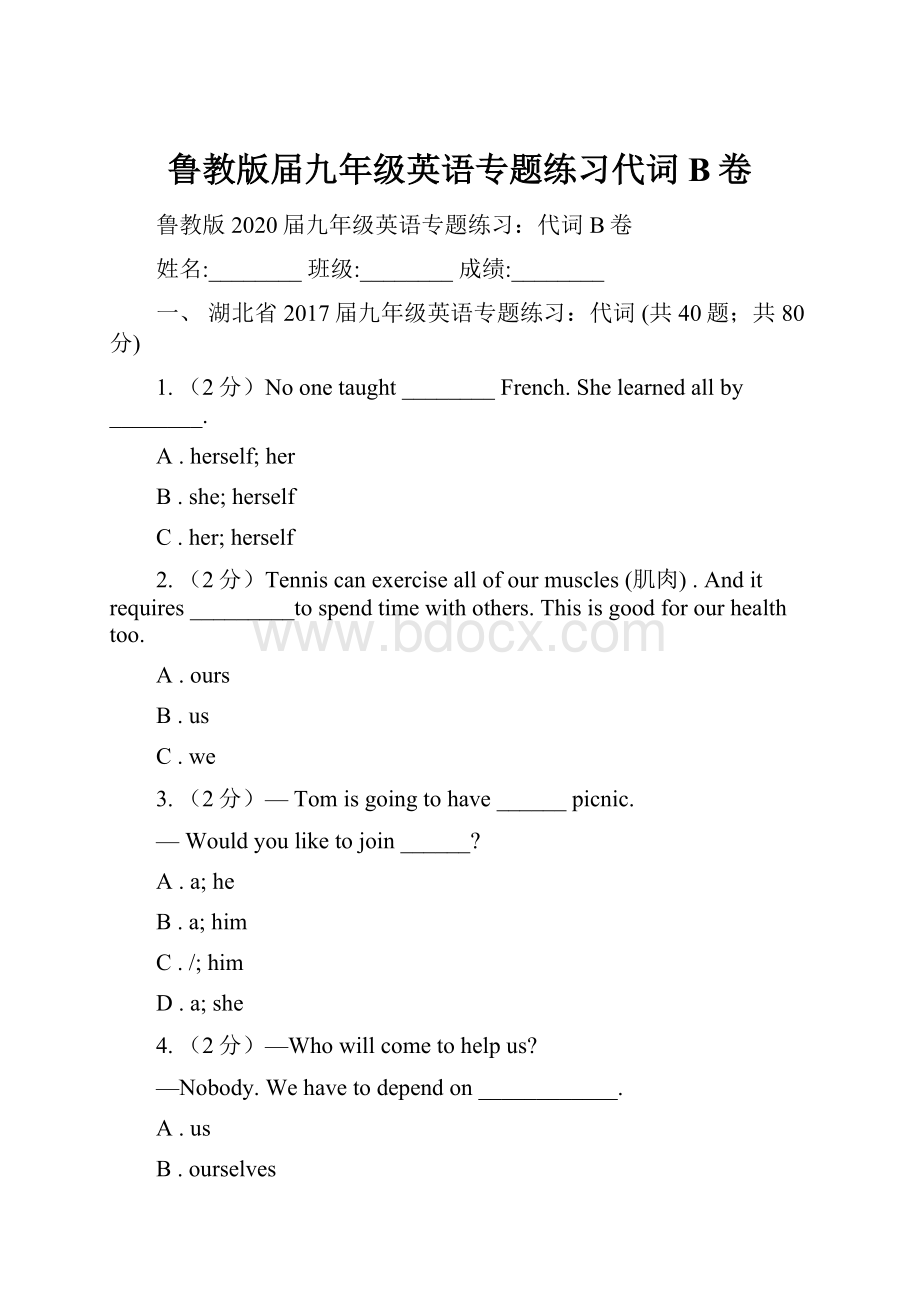 鲁教版届九年级英语专题练习代词B卷.docx_第1页