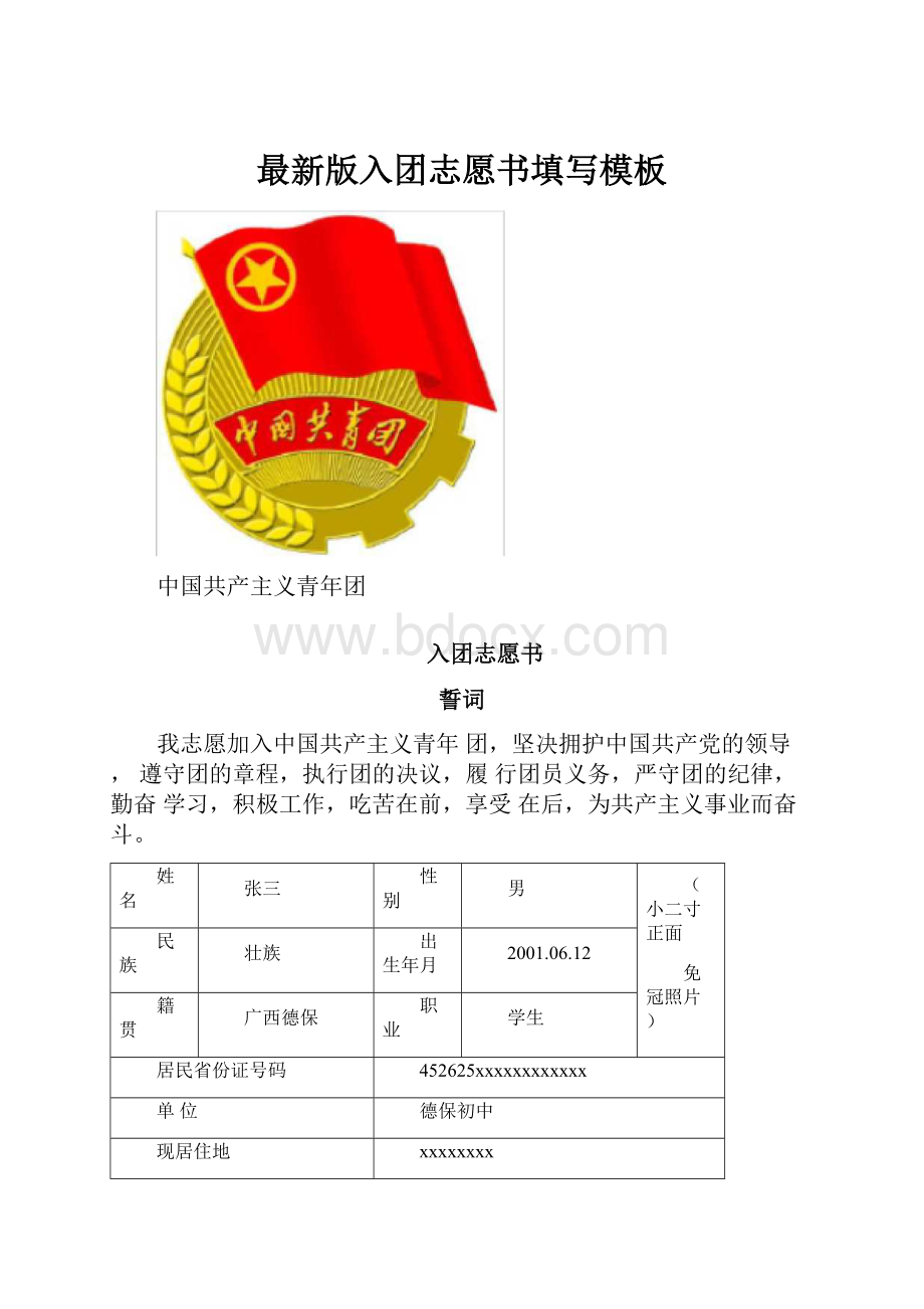 最新版入团志愿书填写模板.docx