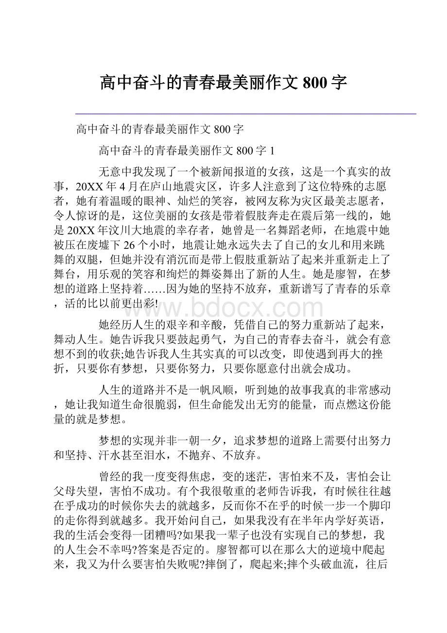 高中奋斗的青春最美丽作文800字.docx