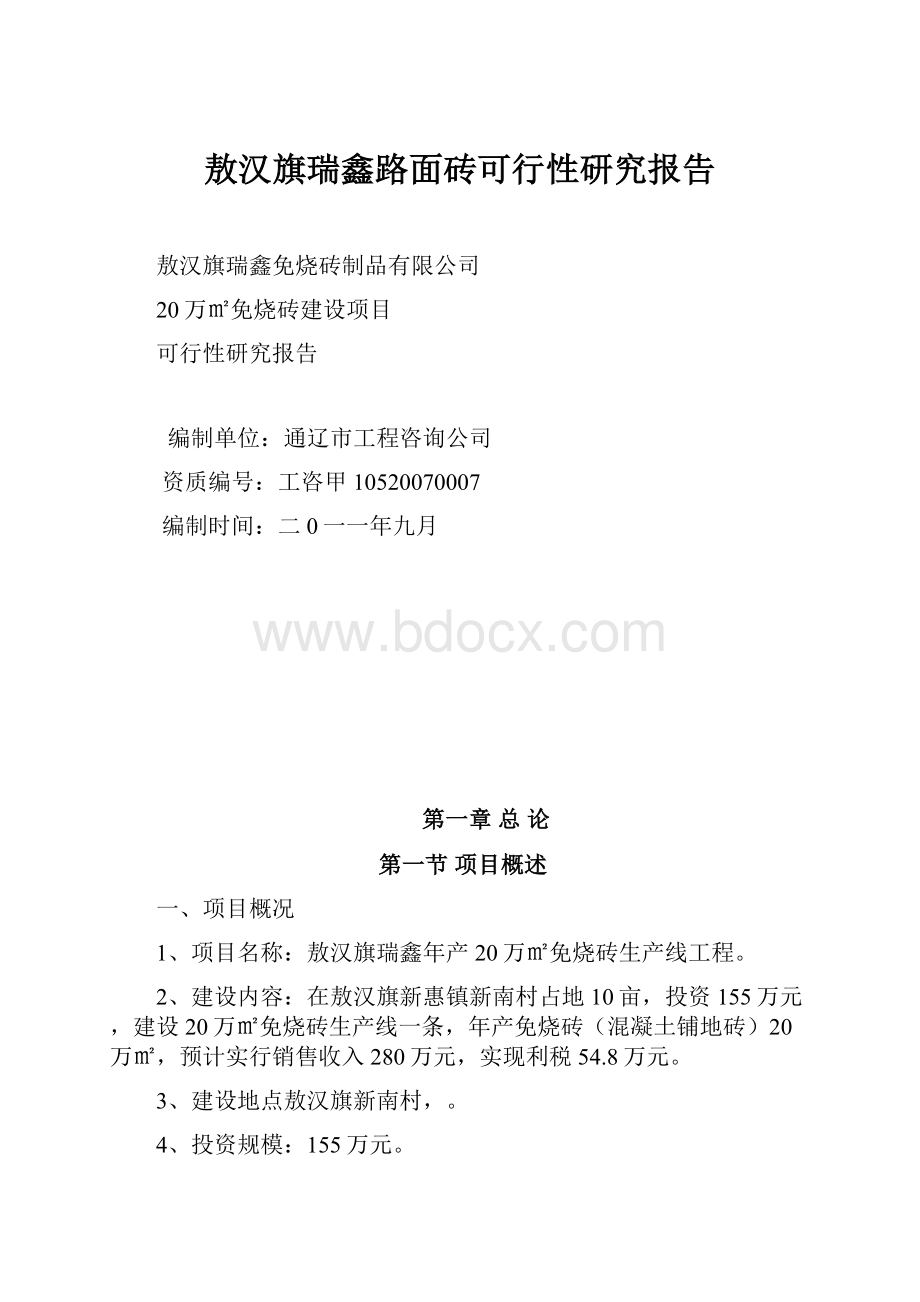 敖汉旗瑞鑫路面砖可行性研究报告.docx