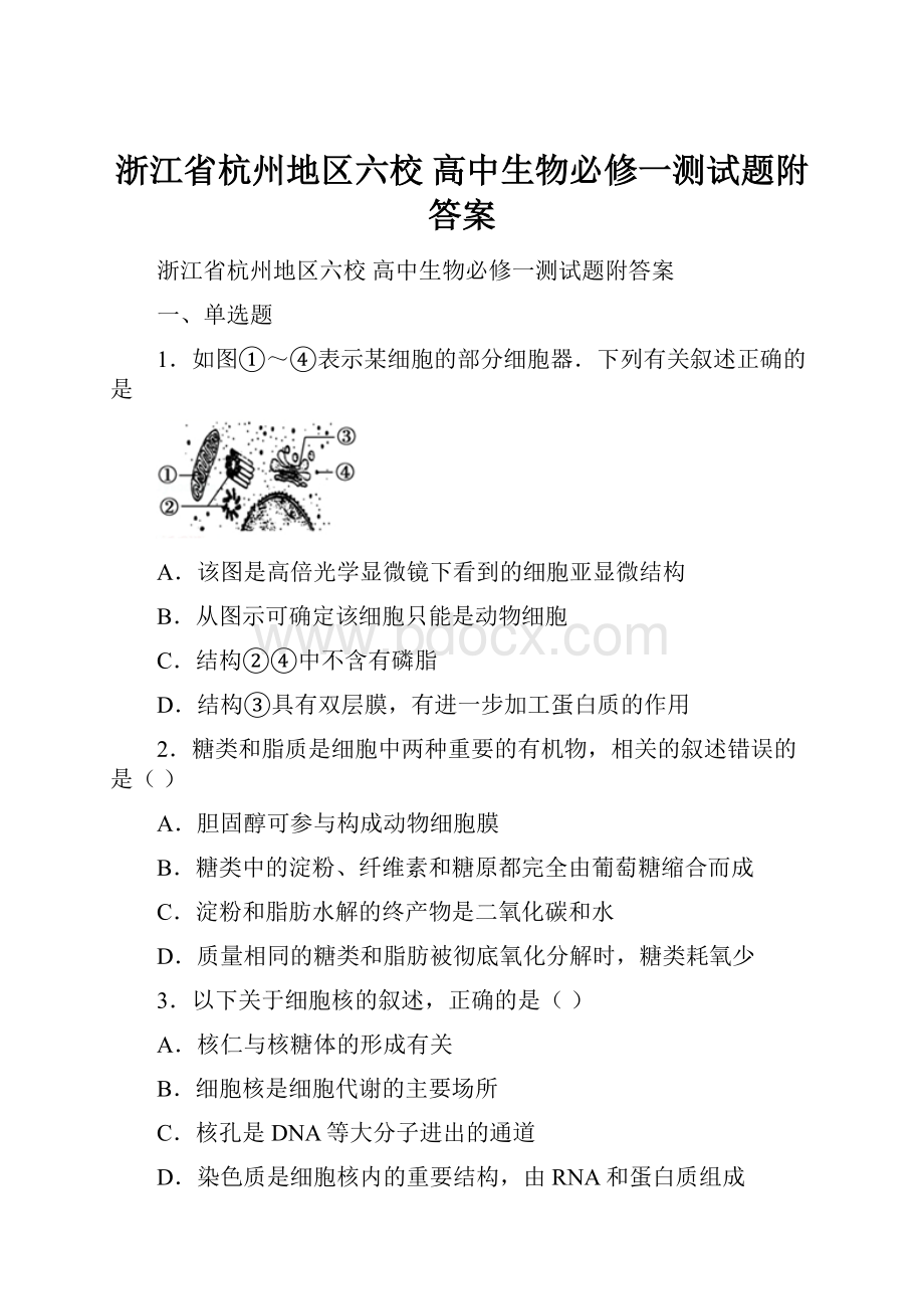 浙江省杭州地区六校 高中生物必修一测试题附答案.docx_第1页