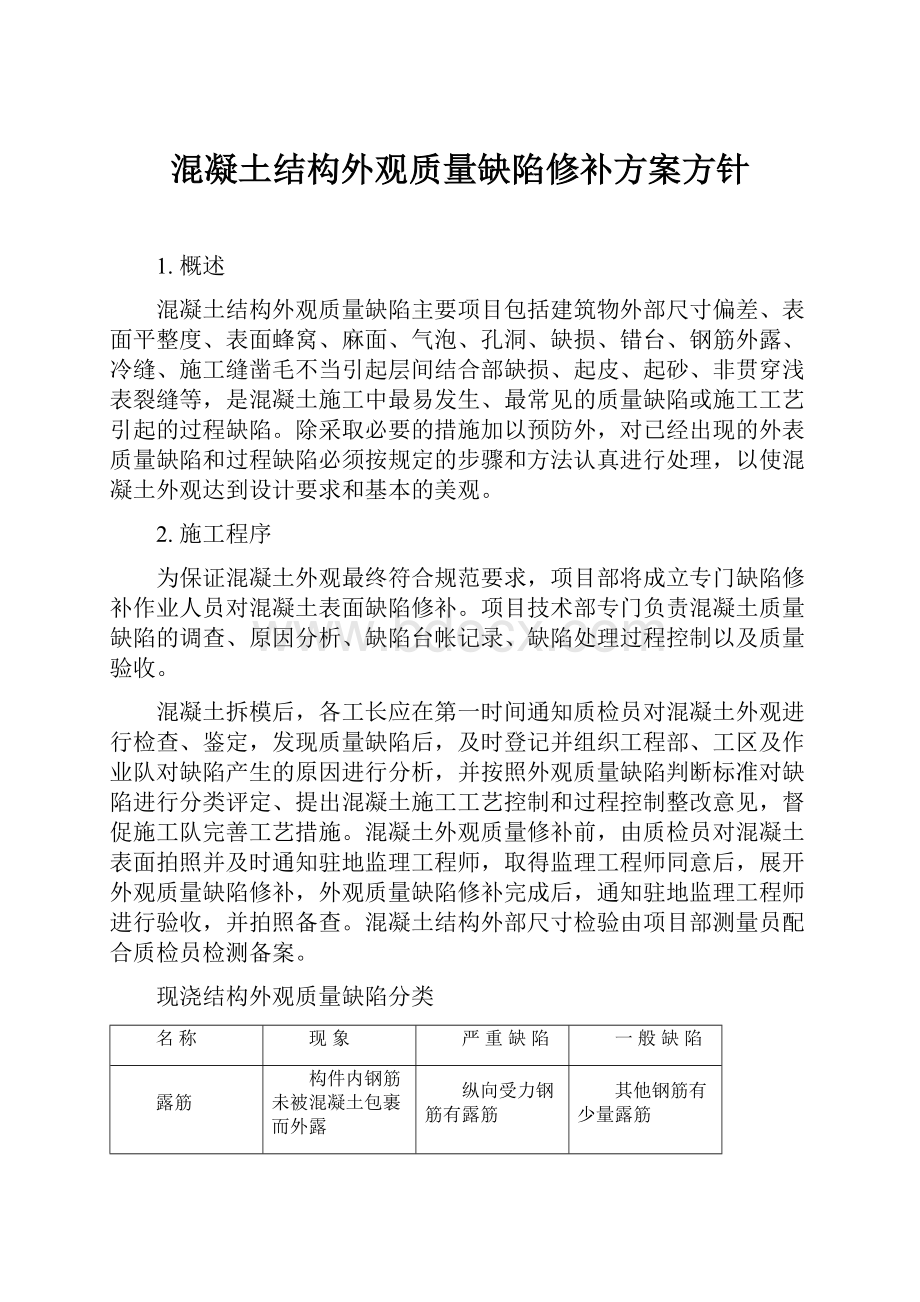 混凝土结构外观质量缺陷修补方案方针.docx