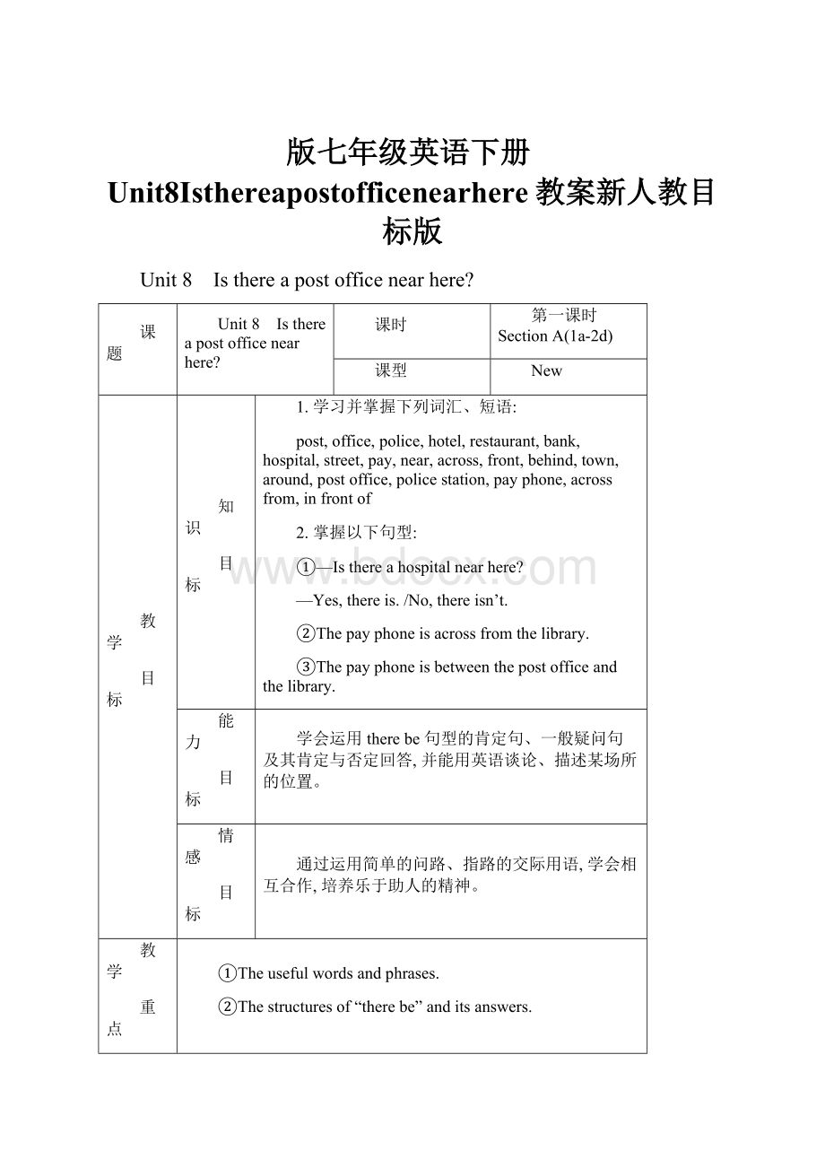 版七年级英语下册Unit8Isthereapostofficenearhere教案新人教目标版.docx