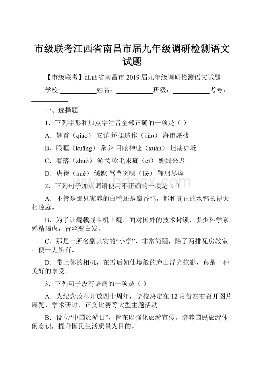 市级联考江西省南昌市届九年级调研检测语文试题.docx