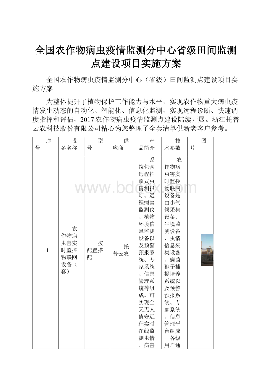 全国农作物病虫疫情监测分中心省级田间监测点建设项目实施方案.docx