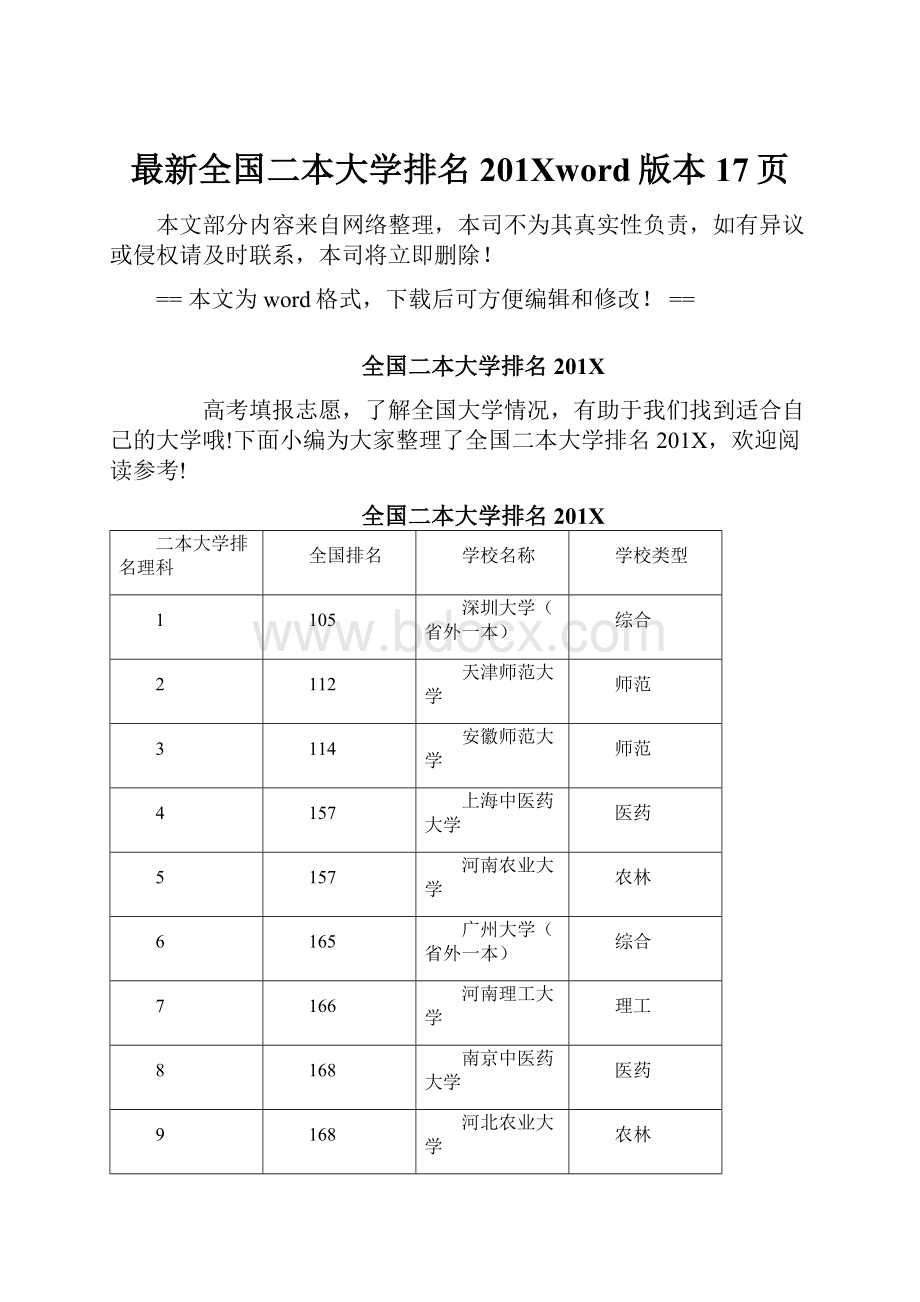 最新全国二本大学排名201Xword版本 17页.docx_第1页