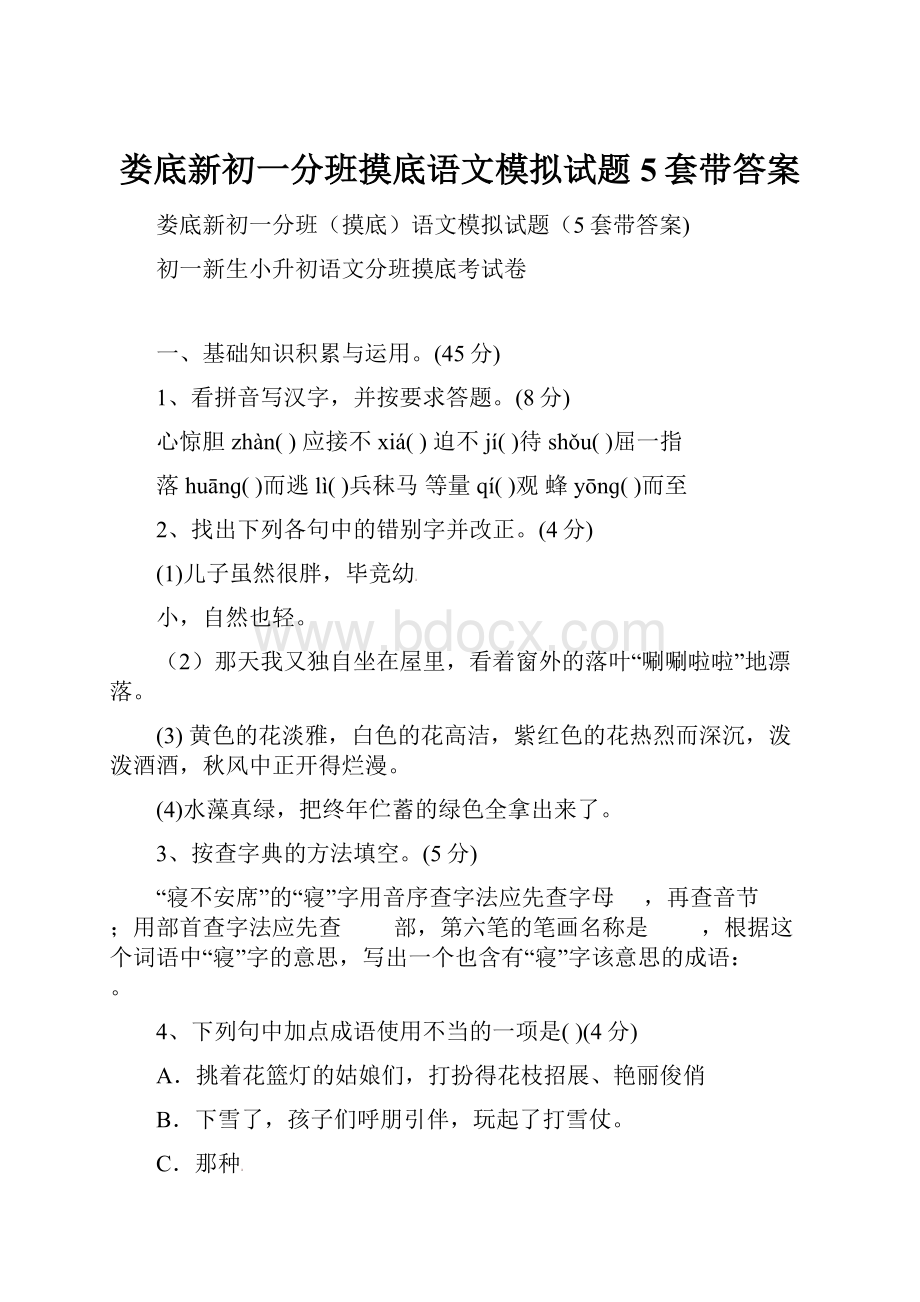 娄底新初一分班摸底语文模拟试题5套带答案.docx_第1页