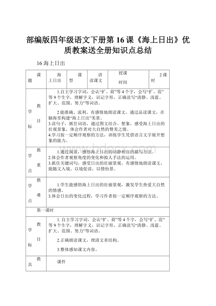 部编版四年级语文下册第16课《海上日出》优质教案送全册知识点总结.docx_第1页